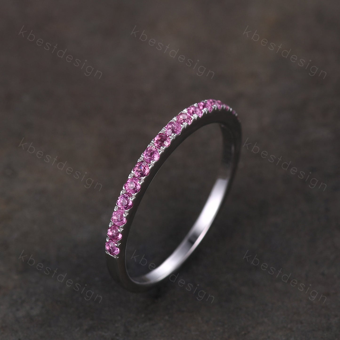 1.5mm Pink Tourmaline Wedding Band Half Eternity Stacking Band Minimalist Ring Silver Rings for Women Pave Matching Band Anniversary Ring