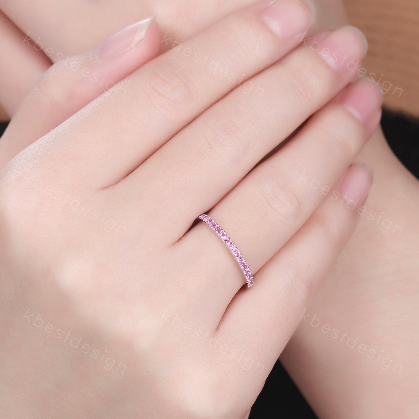 1.5mm Pink Tourmaline Wedding Band Half Eternity Stacking Band Minimalist Ring Silver Rings for Women Pave Matching Band Anniversary Ring