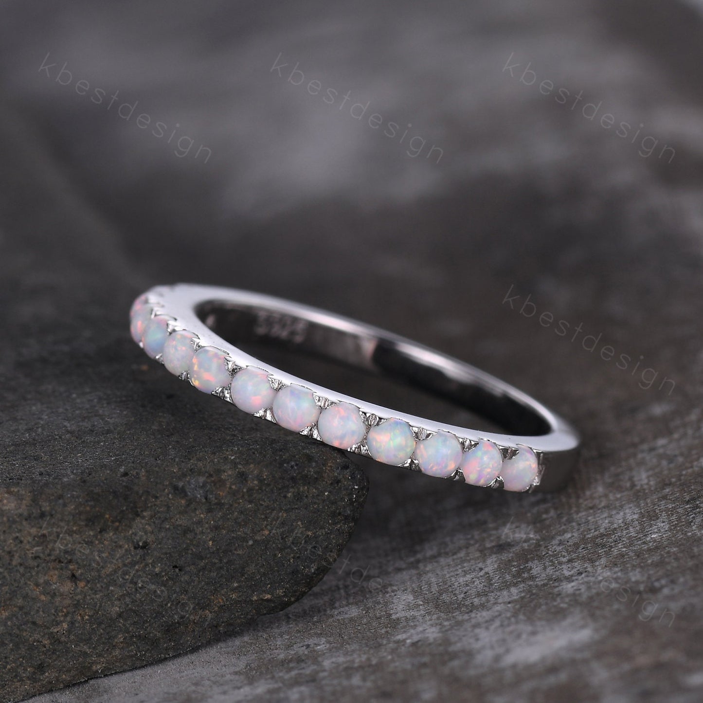 Opal Ring, Half Eternity Opal Wedding Band, Opal Stacking Matching Band, October Birthstone Ring, Anniversary Ring, White Gold Ring