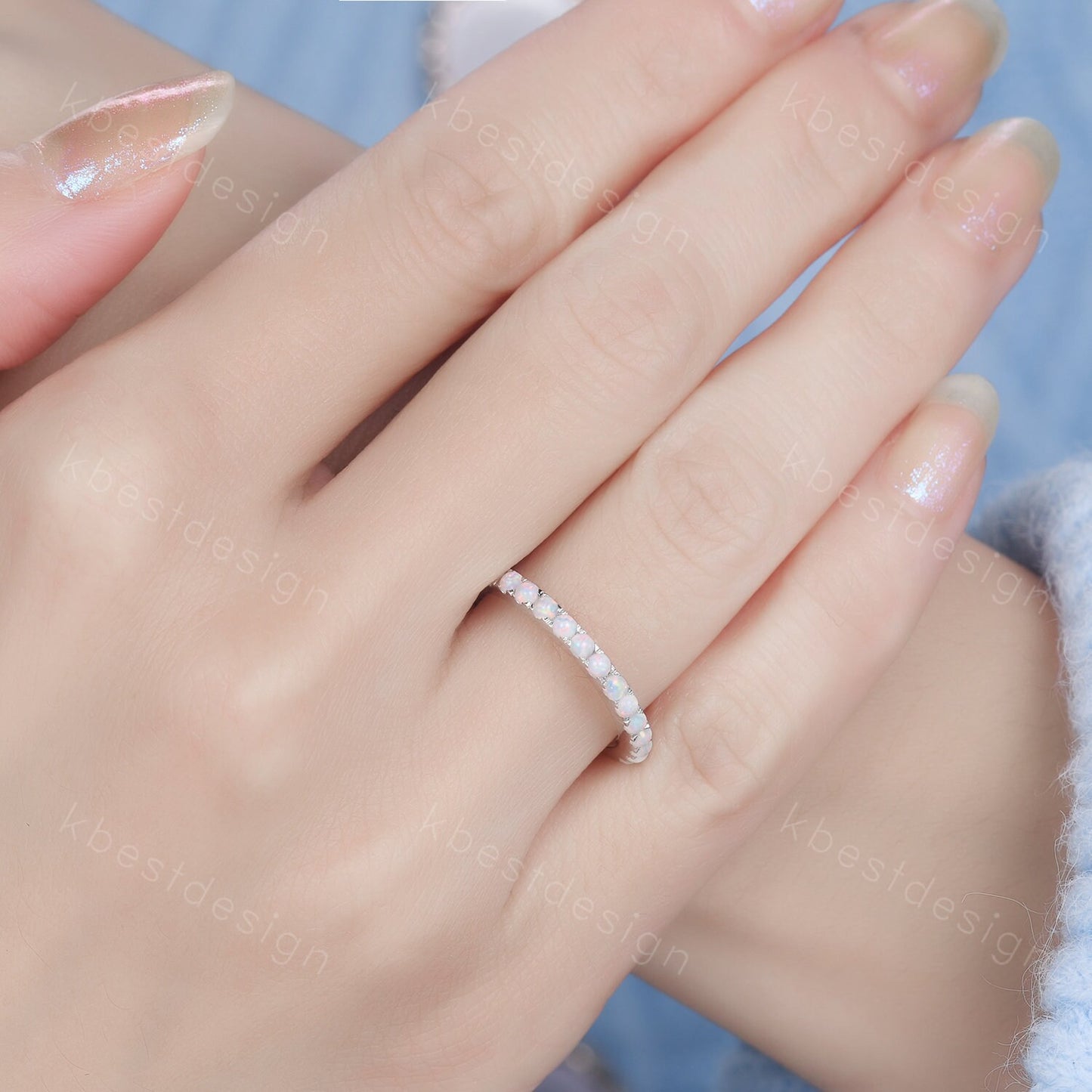Opal Ring, Half Eternity Opal Wedding Band, Opal Stacking Matching Band, October Birthstone Ring, Anniversary Ring, White Gold Ring
