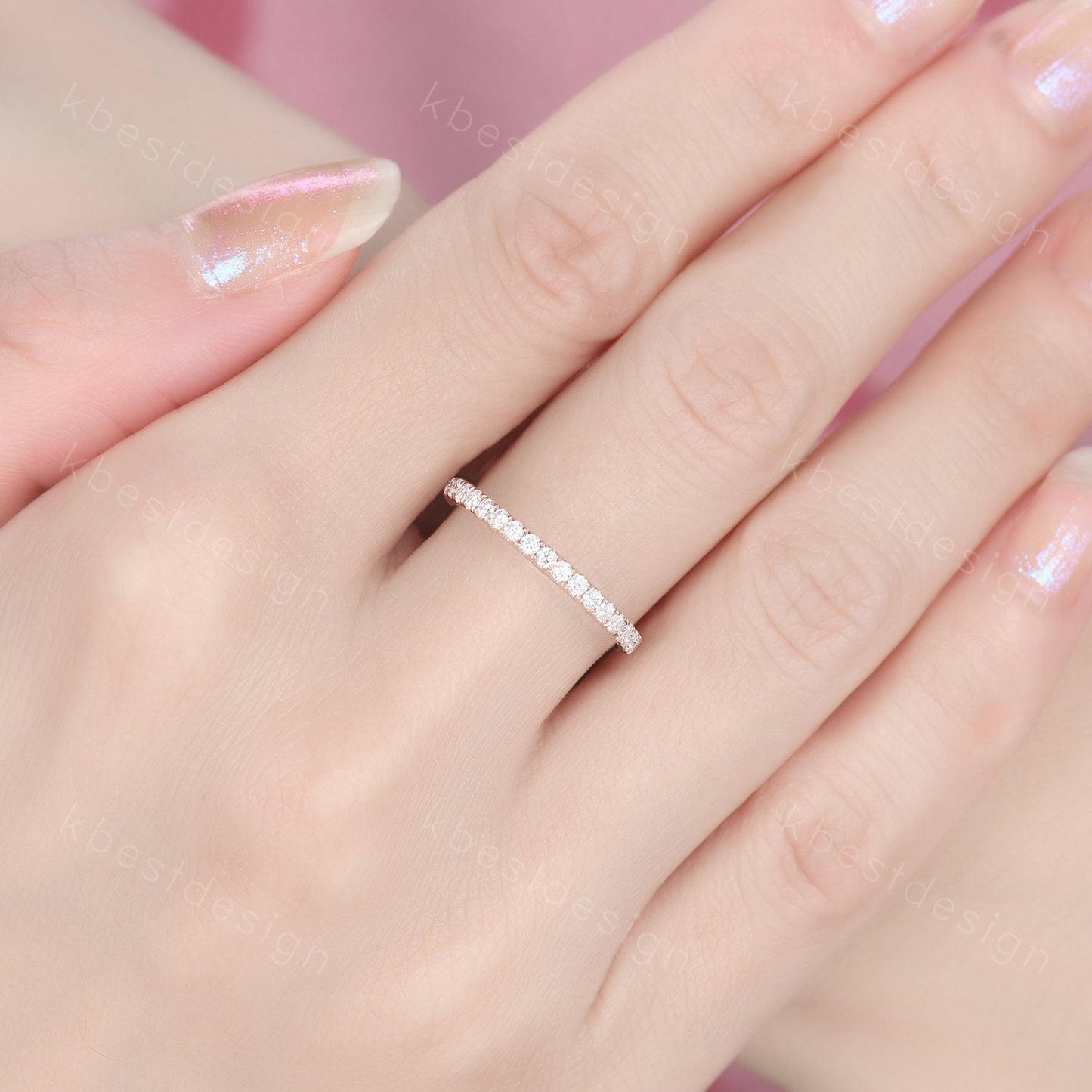 2mm Moissanite Wedding Band Rose Gold Half Eternity Stacking Band Colorless Moissanite Ring Women Matching Band Promise Anniversary Ring
