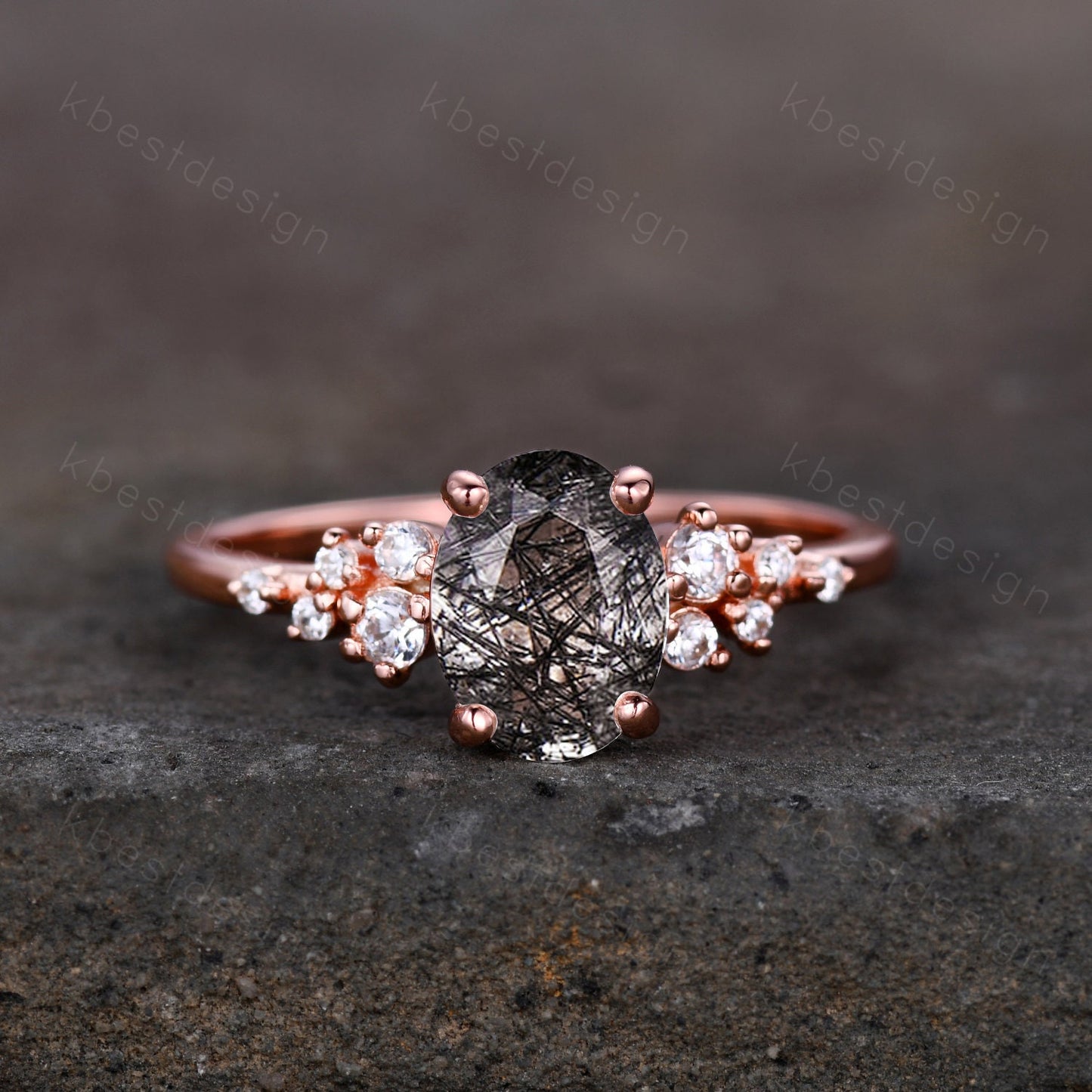 Vintage black rutilated quartz engagement ring unique cluster moissnaite ring women rose gold ring oval cut black stone bridal Promise ring
