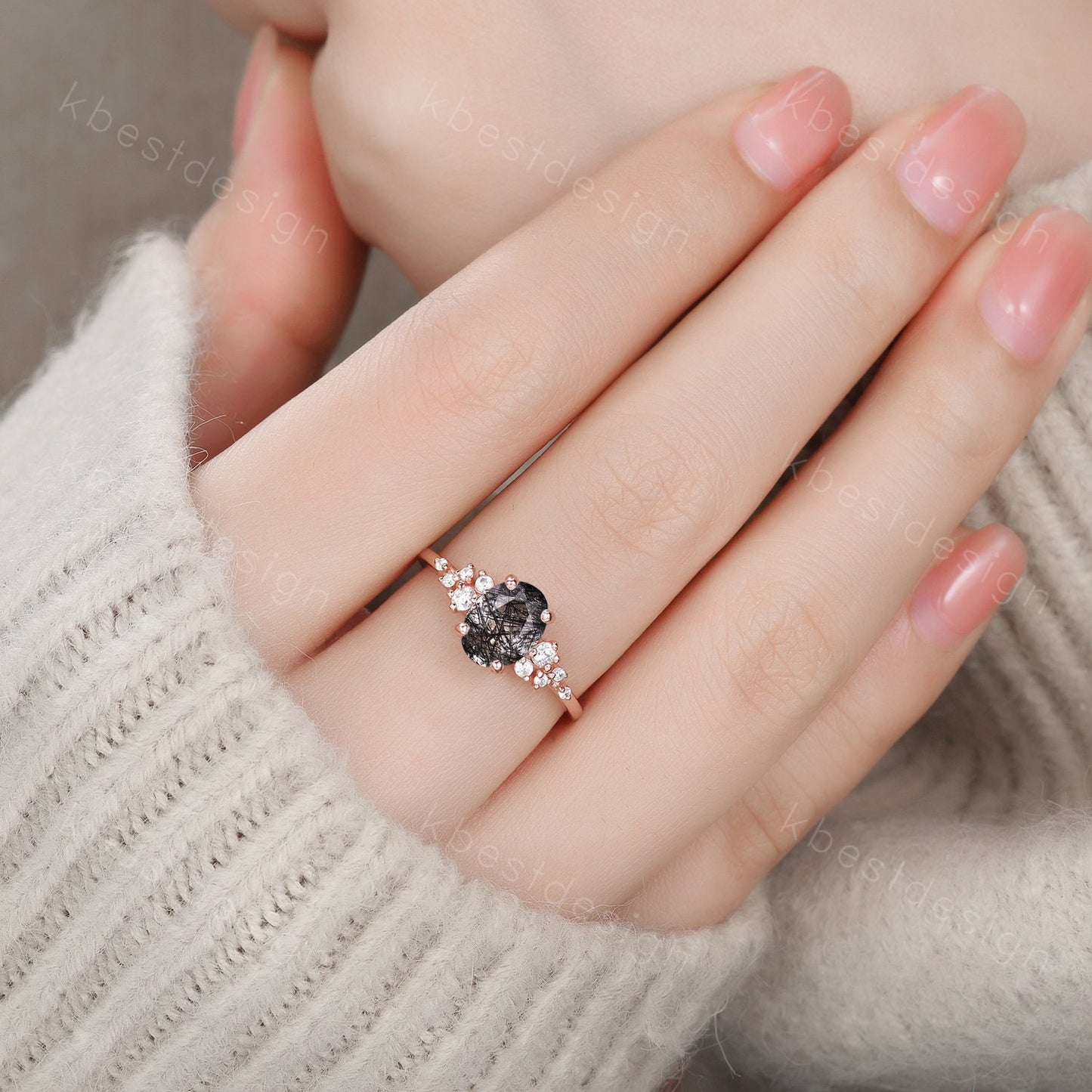 Vintage black rutilated quartz engagement ring unique cluster moissnaite ring women rose gold ring oval cut black stone bridal Promise ring