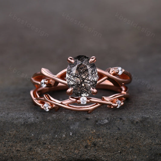 Vintage black rutilated quartz engagement ring 14k rose gold oval cut ring art deco twig leaf stacking band unique bridal wedding ring set