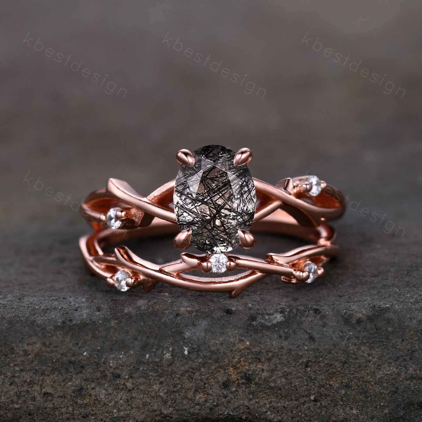 Vintage black rutilated quartz engagement ring 14k rose gold oval cut ring art deco twig leaf stacking band unique bridal wedding ring set