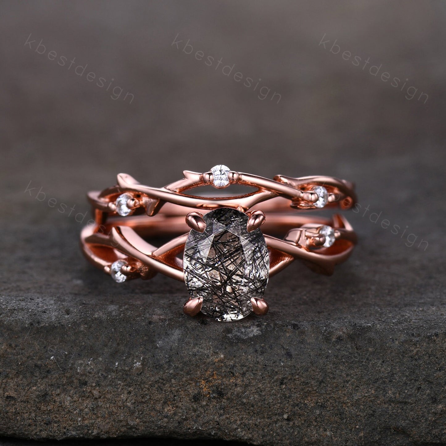 Vintage black rutilated quartz engagement ring 14k rose gold oval cut ring art deco twig leaf stacking band unique bridal wedding ring set