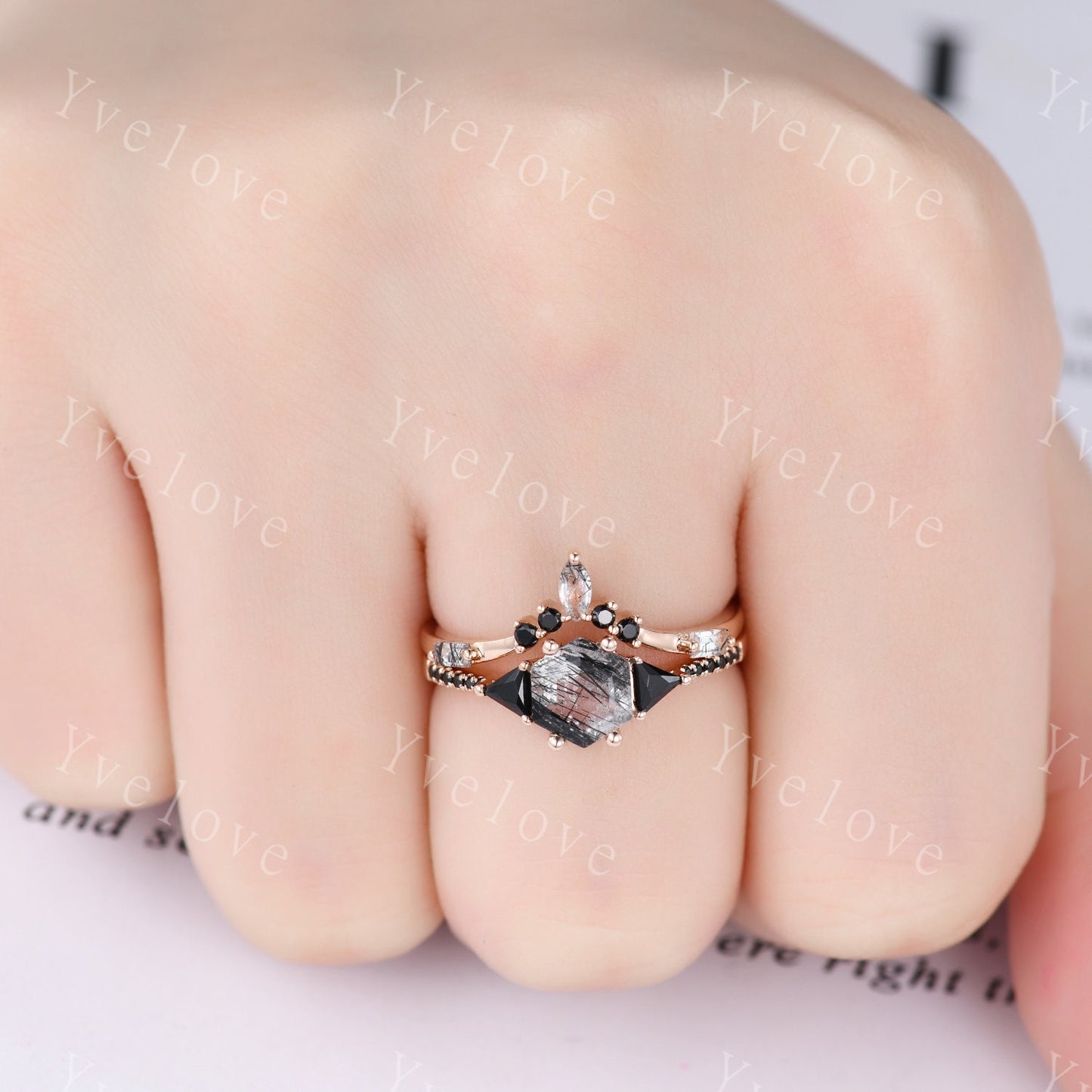 Hexagon Cut Black Rutilated Quartz Engagement Ring,Vingate Bridal Set,Black Spinel,Silver Ring,Gothic Ring,Promise Wedding Ring Gift for Her