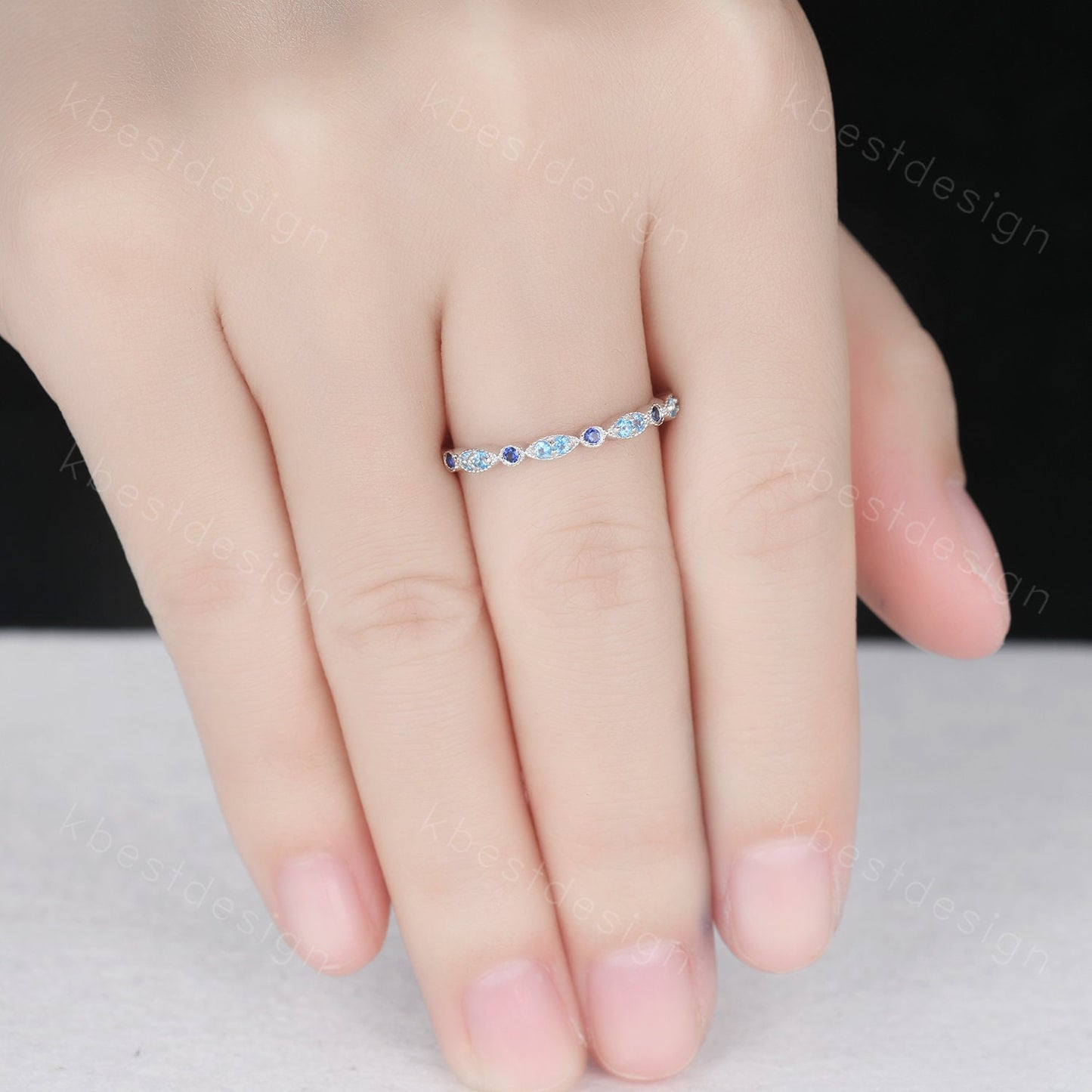 Blue Topaz Wedding Band Sterling Silver Sapphire Wedding Band Art Deco Half Eternity Band Unique Stacking Matching Band Anniversary Gift