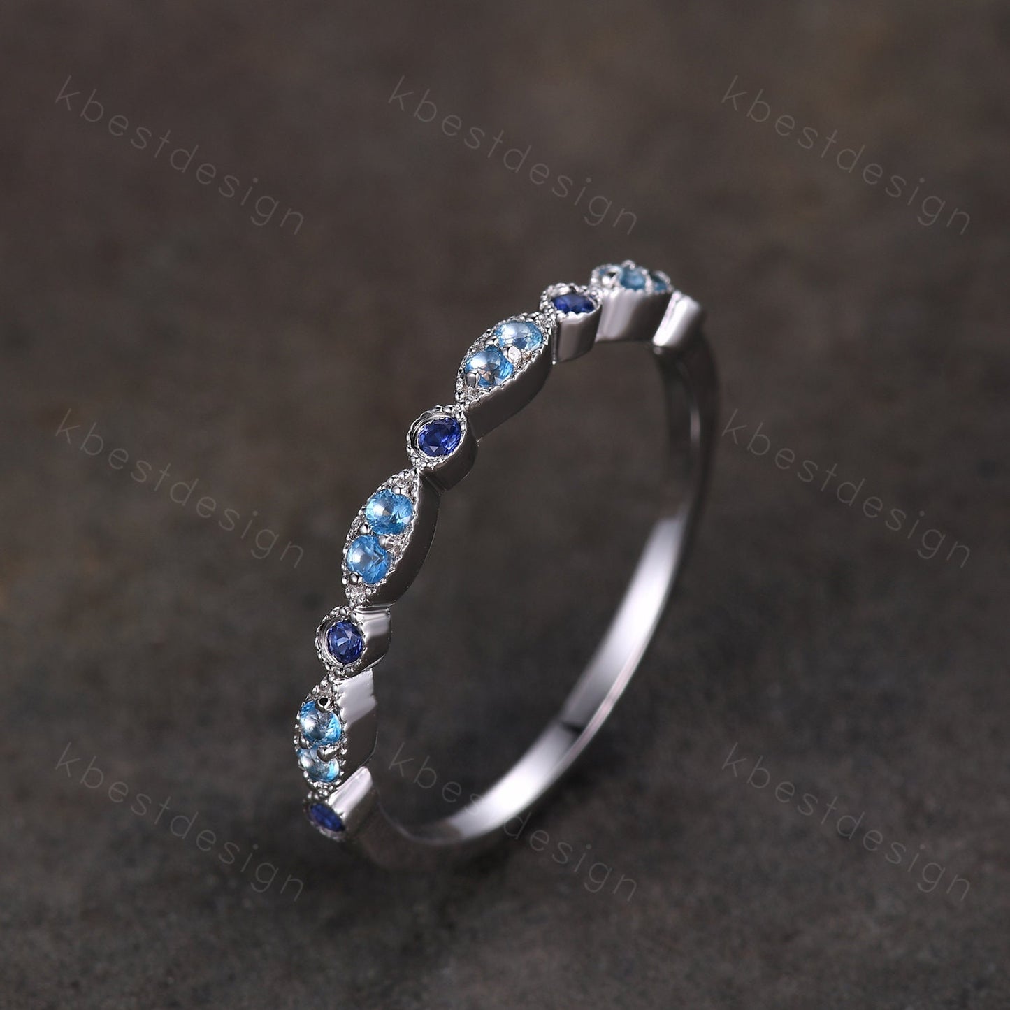 Blue Topaz Wedding Band Sterling Silver Sapphire Wedding Band Art Deco Half Eternity Band Unique Stacking Matching Band Anniversary Gift