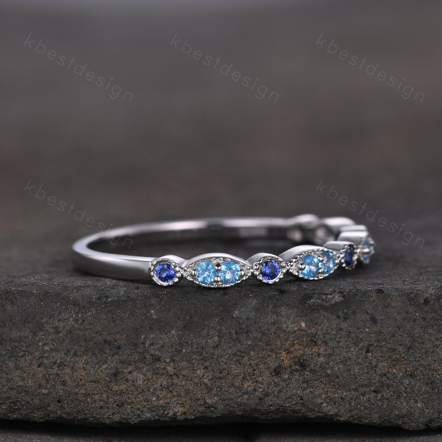 Blue Topaz Wedding Band Sterling Silver Sapphire Wedding Band Art Deco Half Eternity Band Unique Stacking Matching Band Anniversary Gift