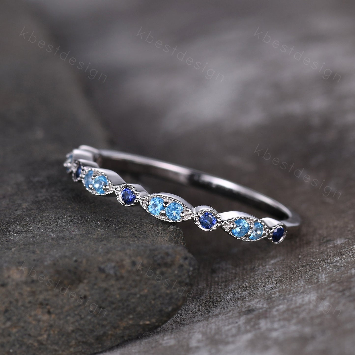 Blue Topaz Wedding Band Sterling Silver Sapphire Wedding Band Art Deco Half Eternity Band Unique Stacking Matching Band Anniversary Gift