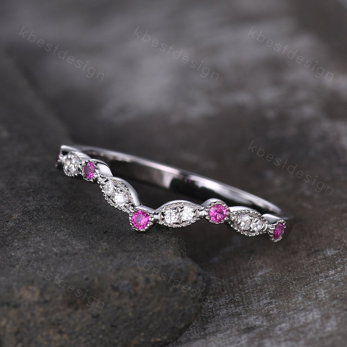 Moissanite Wedding Band Curved Ruby Stacking Band Sterling Silver Rings for Women Unique Matching Band Anniversary ring promise gift