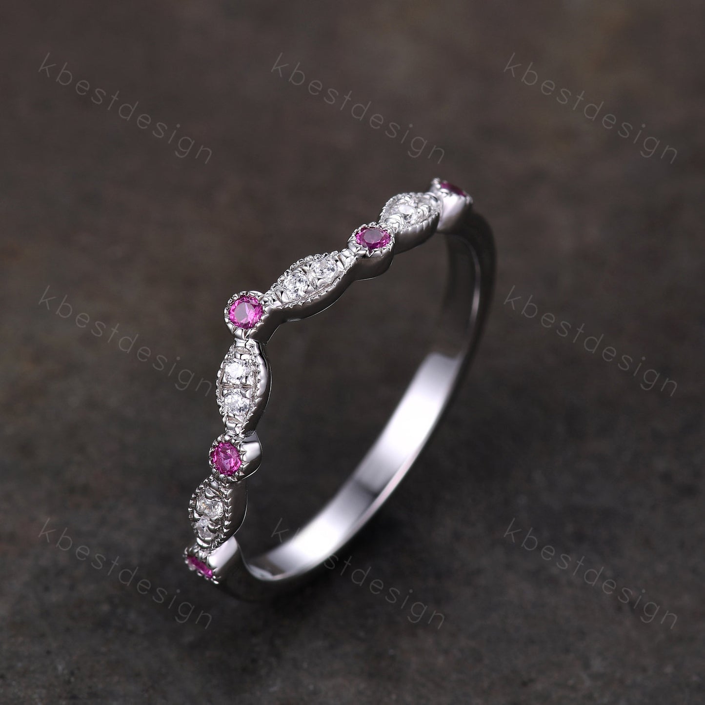 Moissanite Wedding Band Curved Ruby Stacking Band Sterling Silver Rings for Women Unique Matching Band Anniversary ring promise gift