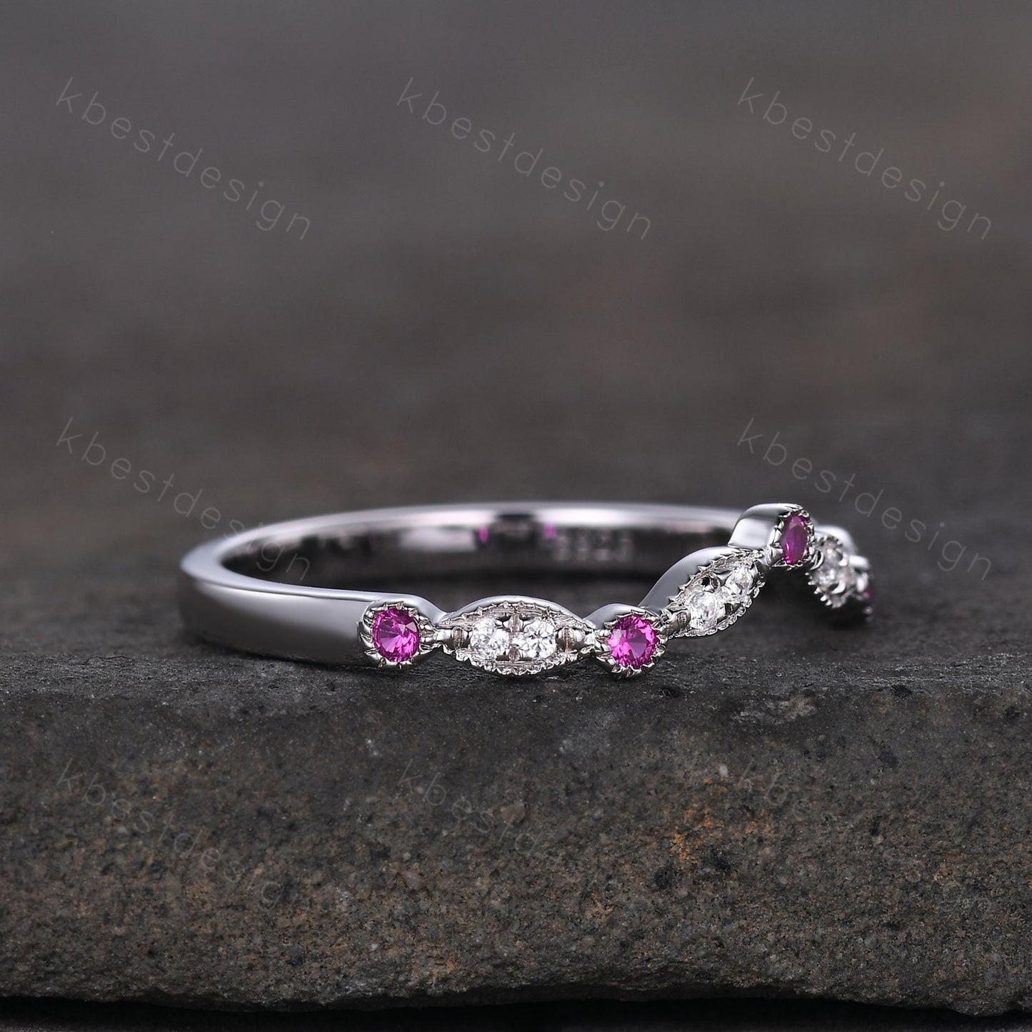Moissanite Wedding Band Curved Ruby Stacking Band Sterling Silver Rings for Women Unique Matching Band Anniversary ring promise gift