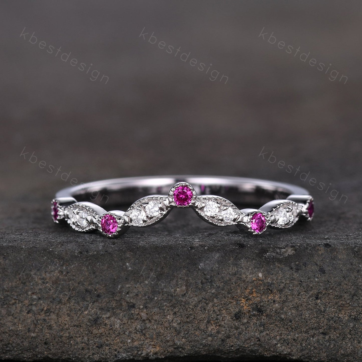 Moissanite Wedding Band Curved Ruby Stacking Band Sterling Silver Rings for Women Unique Matching Band Anniversary ring promise gift