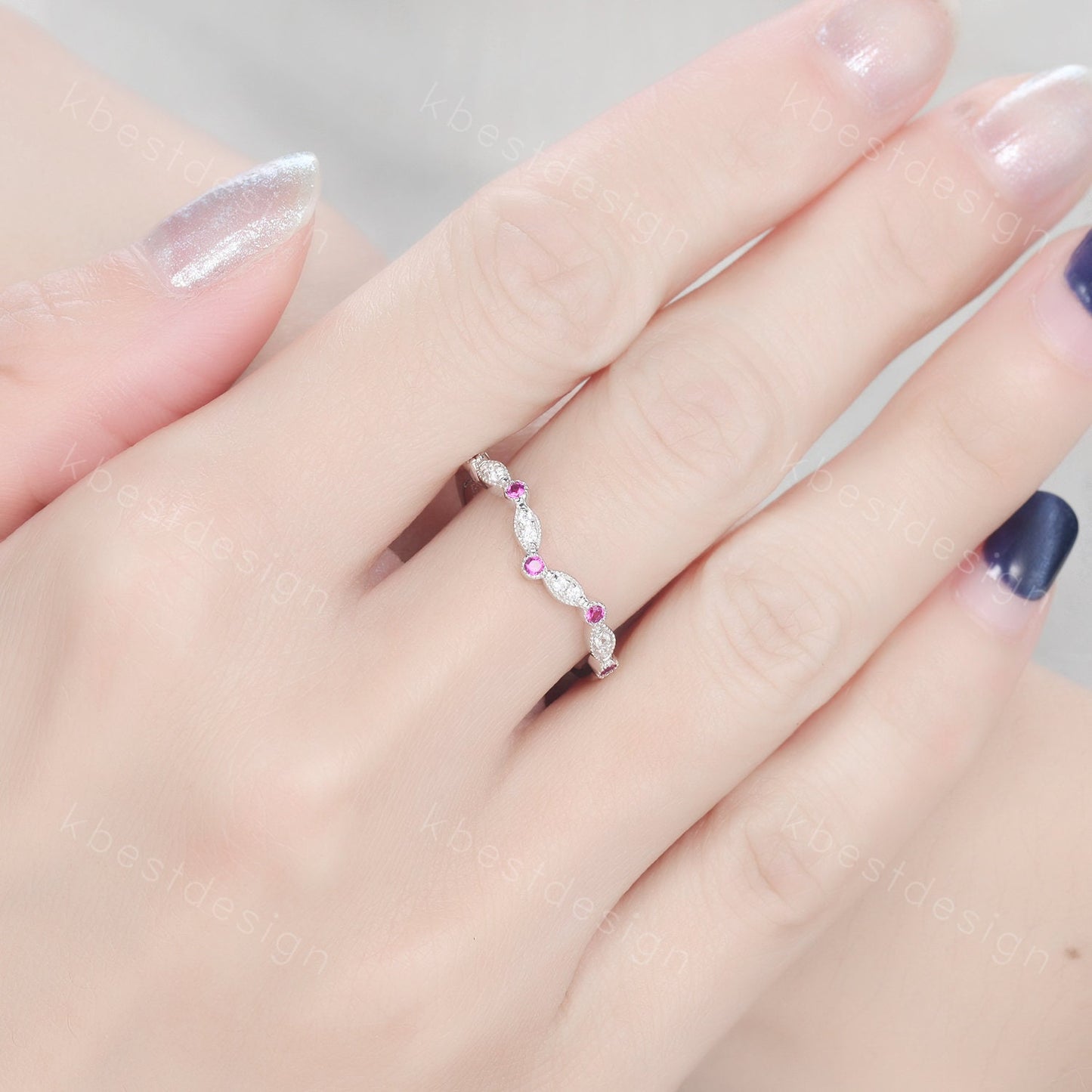Moissanite Wedding Band Curved Ruby Stacking Band Sterling Silver Rings for Women Unique Matching Band Anniversary ring promise gift