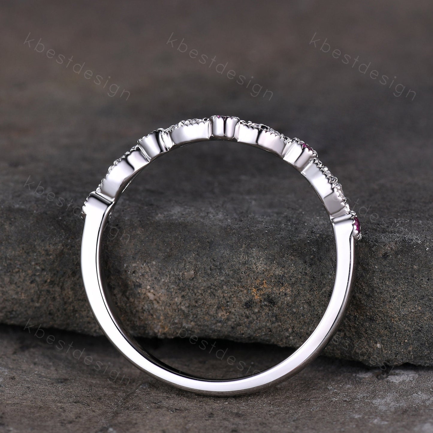 Moissanite Wedding Band Curved Ruby Stacking Band Sterling Silver Rings for Women Unique Matching Band Anniversary ring promise gift