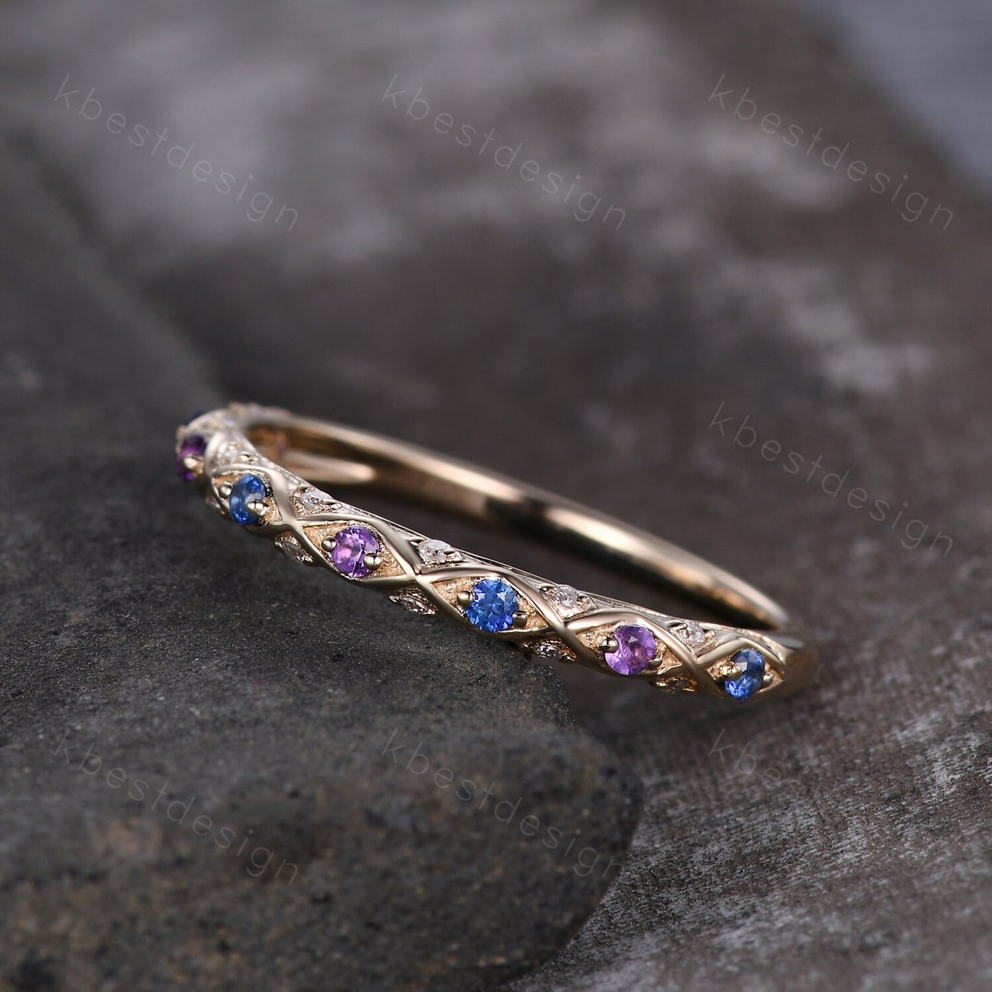 Antique Sapphire Wedding Band Women Solid 14K Yellow Gold Band Amethyst Wedding Band Vintage Stacking Matching Band Anniversary Ring