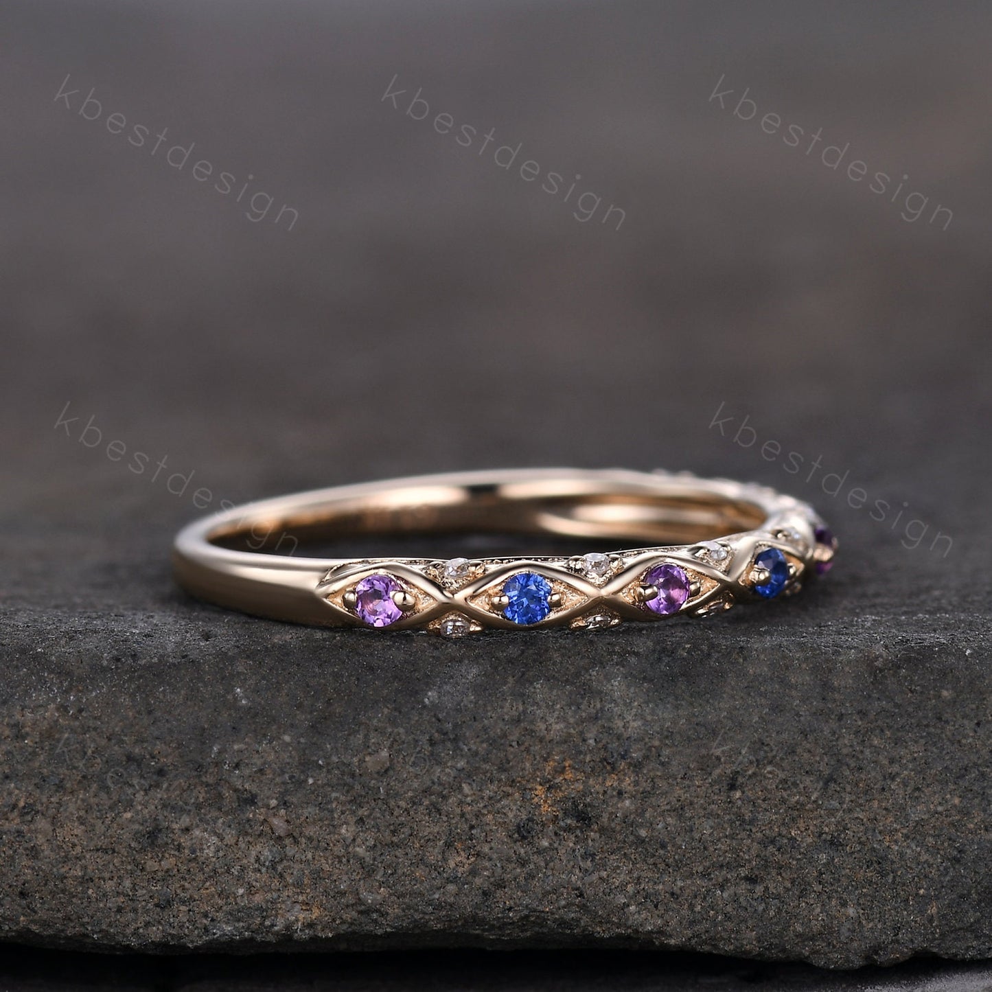 Antique Sapphire Wedding Band Women Solid 14K Yellow Gold Band Amethyst Wedding Band Vintage Stacking Matching Band Anniversary Ring
