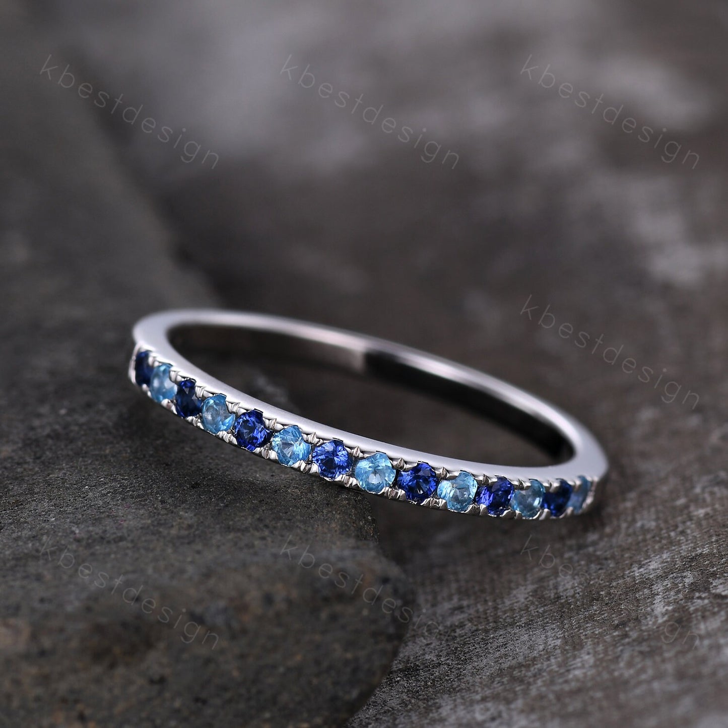 1.5mm Half eternity blue sapphire wedding band silver blue topaz band pave stacking matching band December birthstone ring gift for her