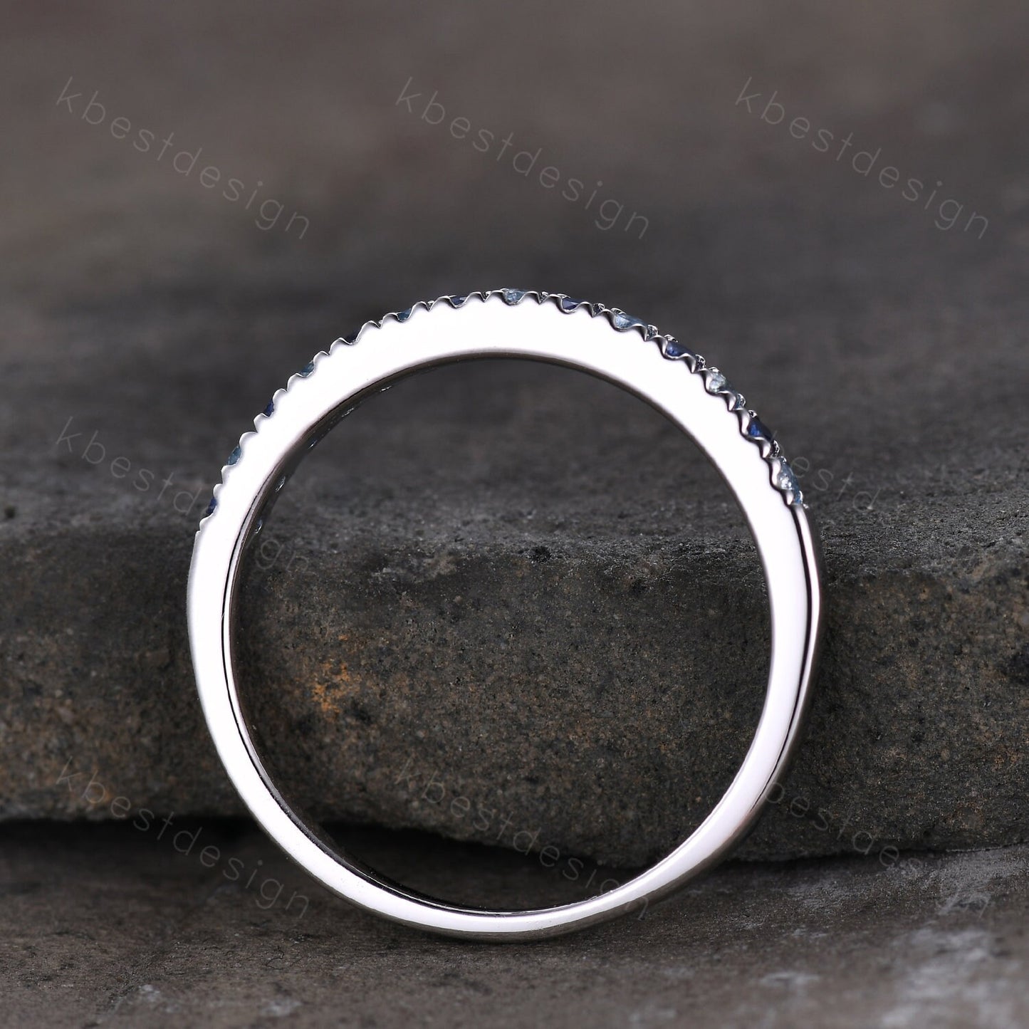 1.5mm Half eternity blue sapphire wedding band silver blue topaz band pave stacking matching band December birthstone ring gift for her