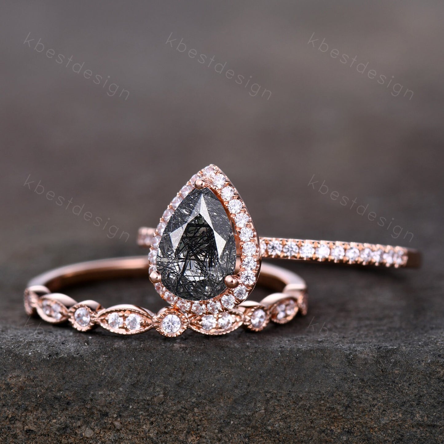 Black rutilated quartz engagement ring set rose gold black stone ring vintage art deco moissanite wedding ring set anniversary promise ring