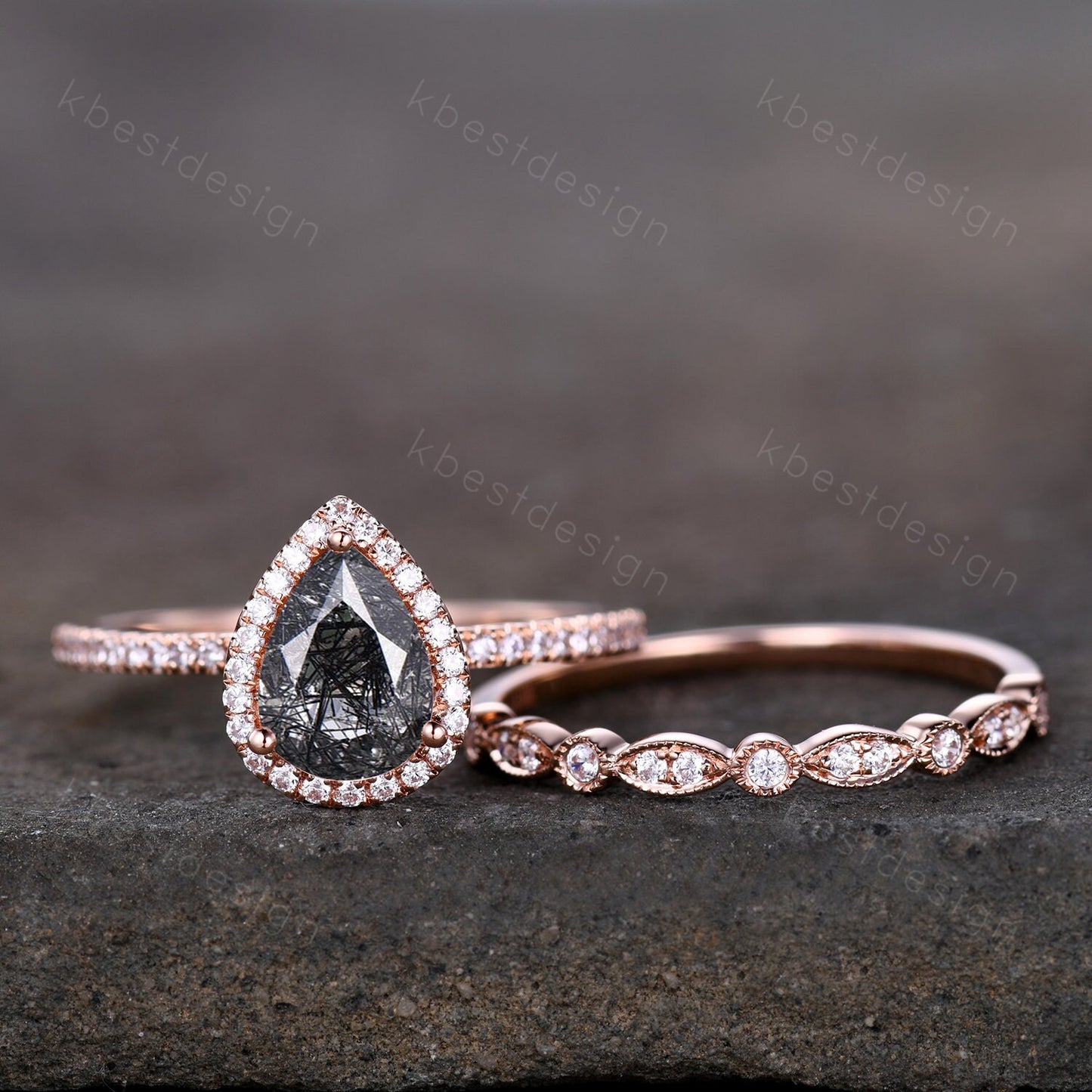 Black rutilated quartz engagement ring set rose gold black stone ring vintage art deco moissanite wedding ring set anniversary promise ring