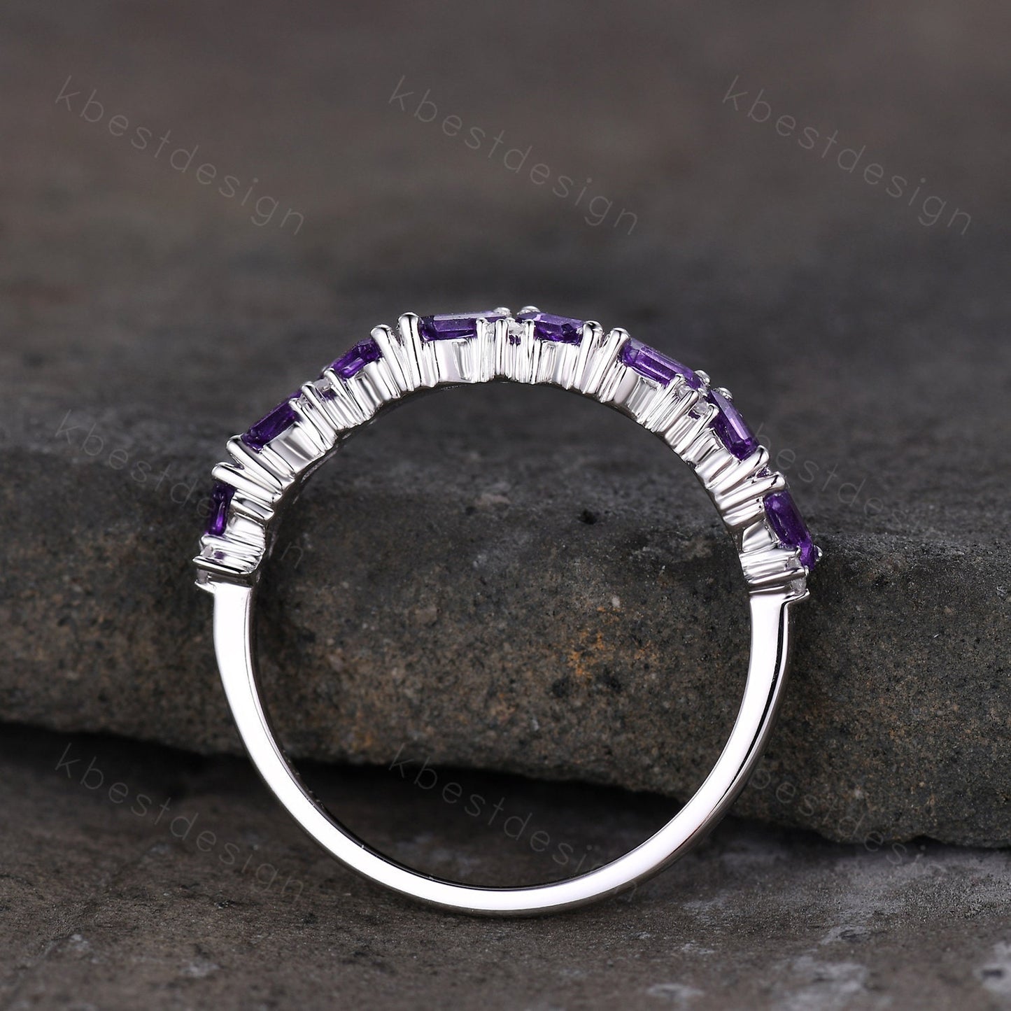Baguette Amethyst Wedding Band Half Eternity Amethyst Moissanite Wedding Band Art deco Stacking Matching Band February Birthstone Ring