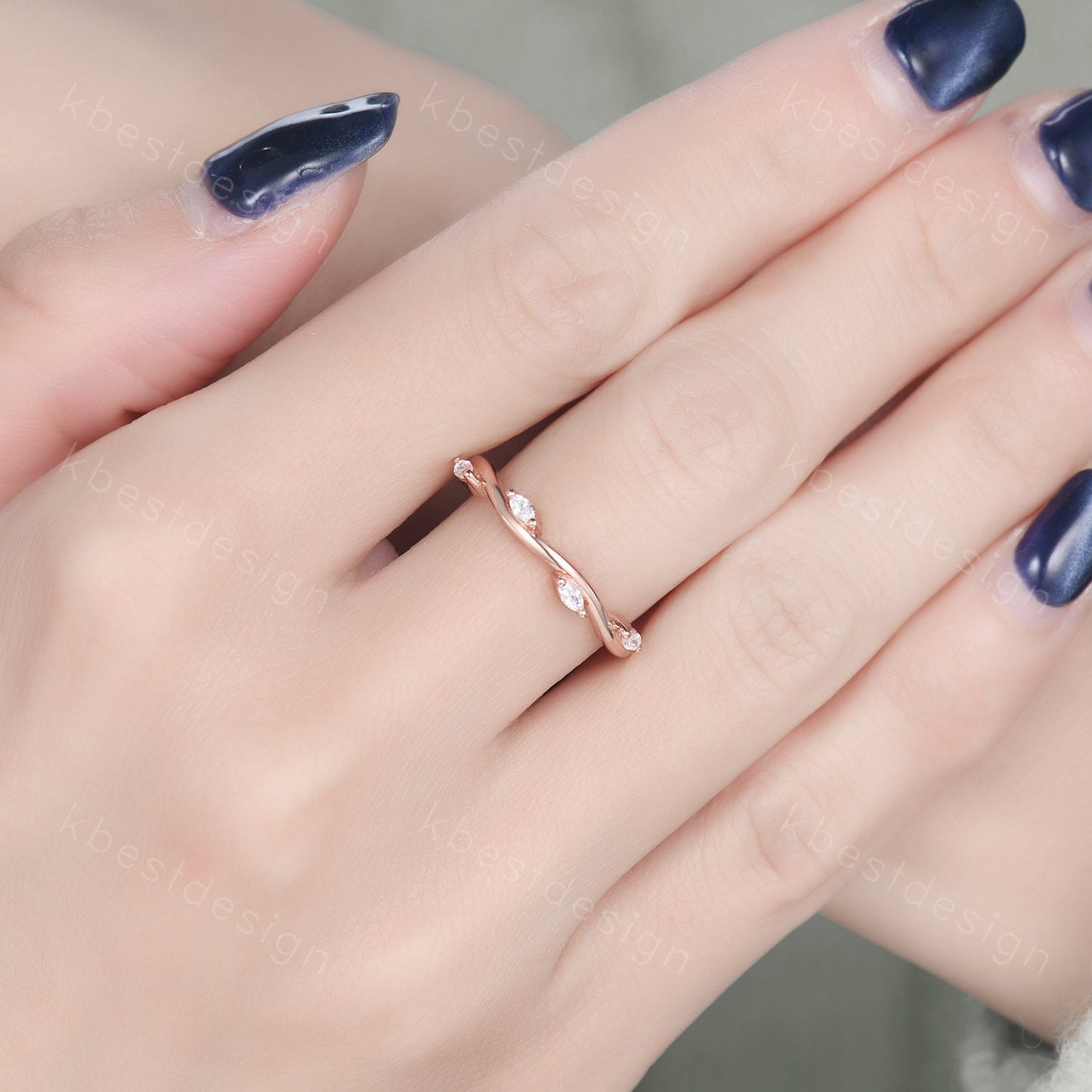 Delicate Leaf Style Moissanite Wedding Band Rose Gold Wave Wedding Ring Unique Marquise cut Moissanite Stacking Band Anniversary Ring