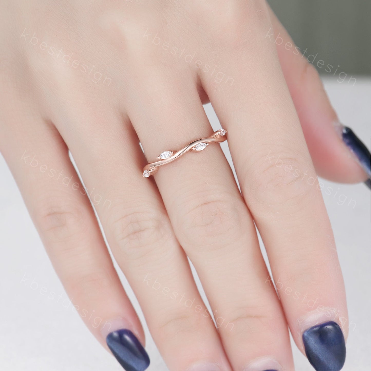 Delicate Leaf Style Moissanite Wedding Band Rose Gold Wave Wedding Ring Unique Marquise cut Moissanite Stacking Band Anniversary Ring
