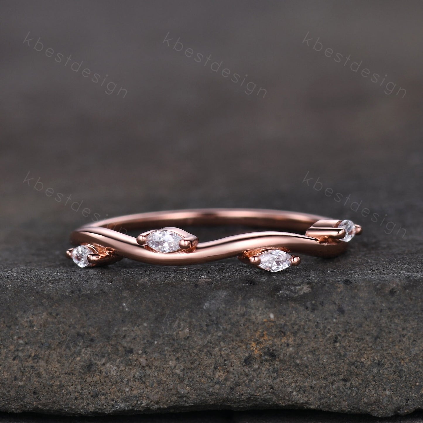 Delicate Leaf Style Moissanite Wedding Band Rose Gold Wave Wedding Ring Unique Marquise cut Moissanite Stacking Band Anniversary Ring