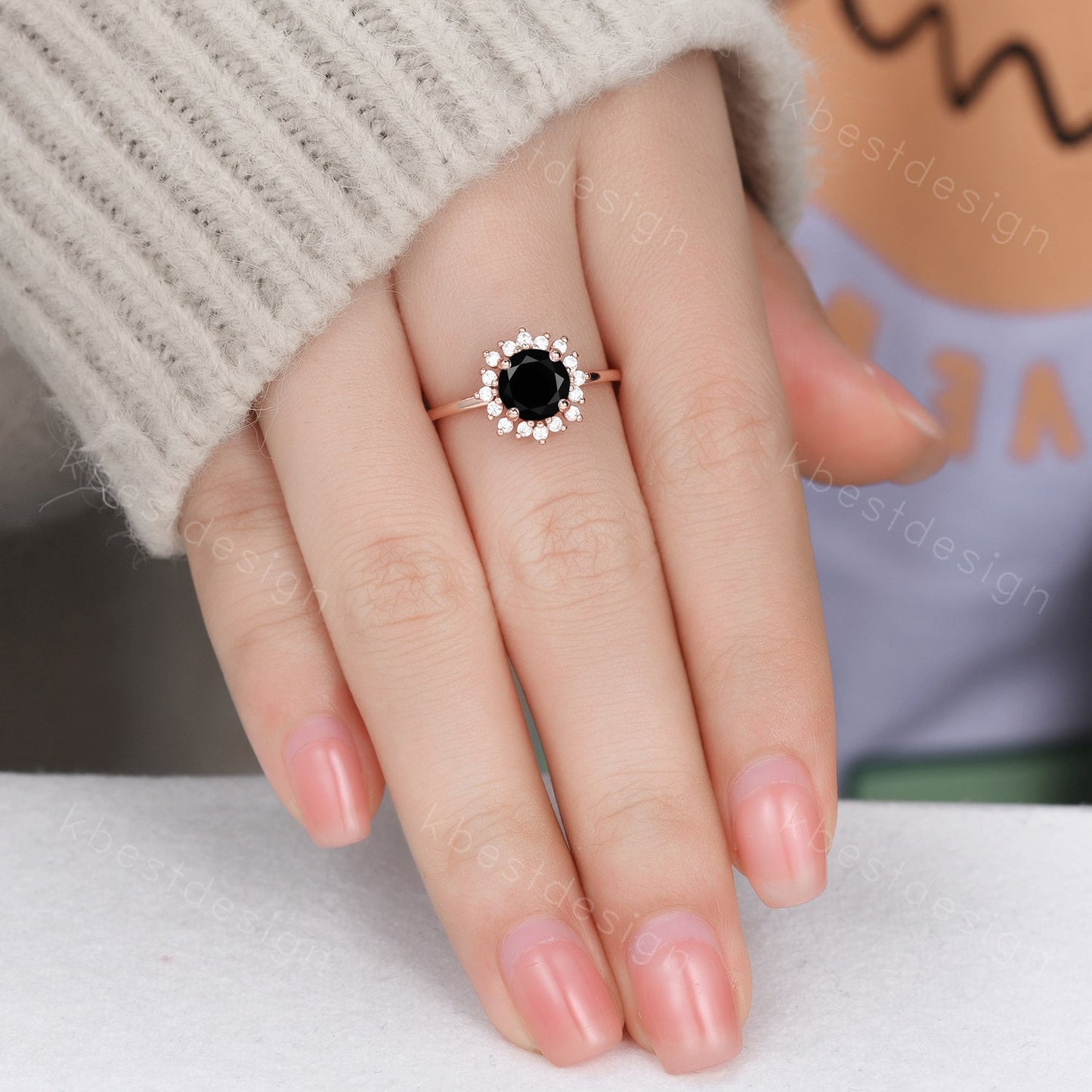 Round cut black onyx engagement ring Rose Gold rings for women Unique moissanite halo engagement ring black onyx Solitaire ring Bridal Ring