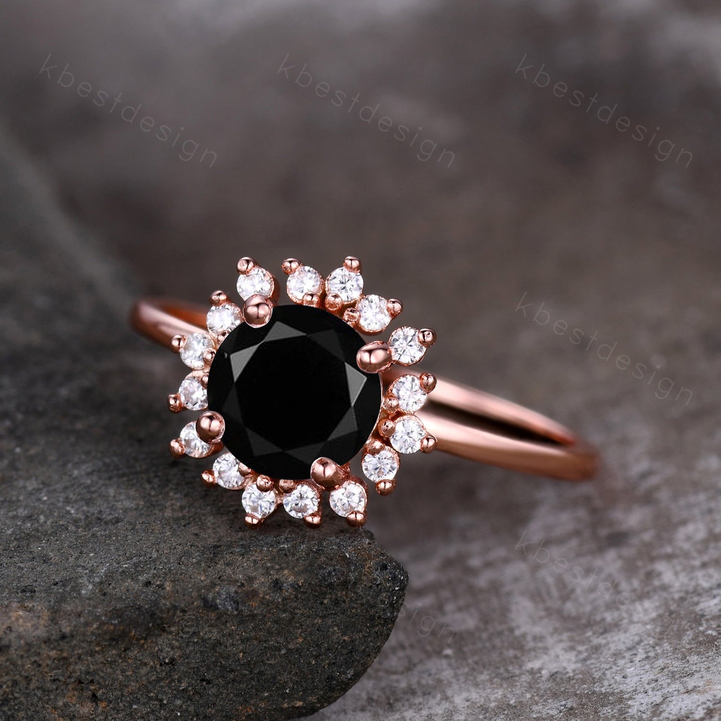 Round cut black onyx engagement ring Rose Gold rings for women Unique moissanite halo engagement ring black onyx Solitaire ring Bridal Ring