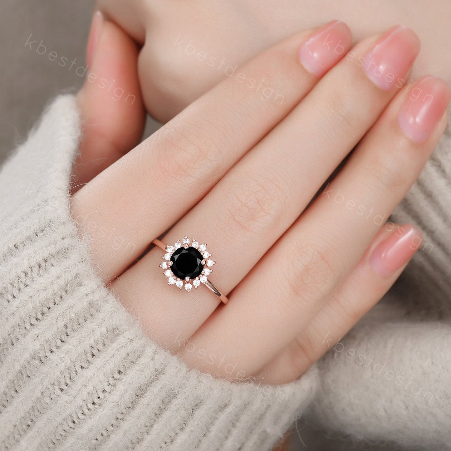 Round cut black onyx engagement ring Rose Gold rings for women Unique moissanite halo engagement ring black onyx Solitaire ring Bridal Ring