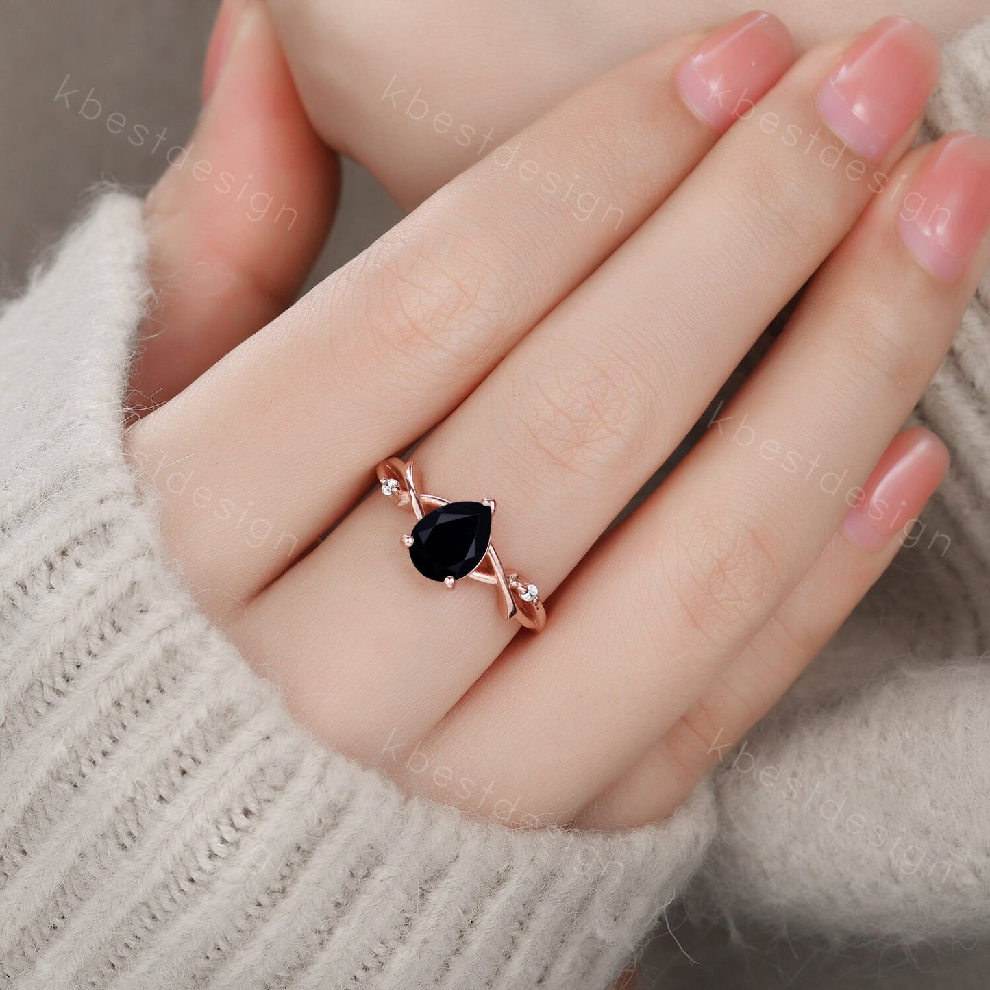 Twig Pear shaped black onyx ring silver vintage nature inspired unique black gemstone engagement ring antique bridal wedding ring for women
