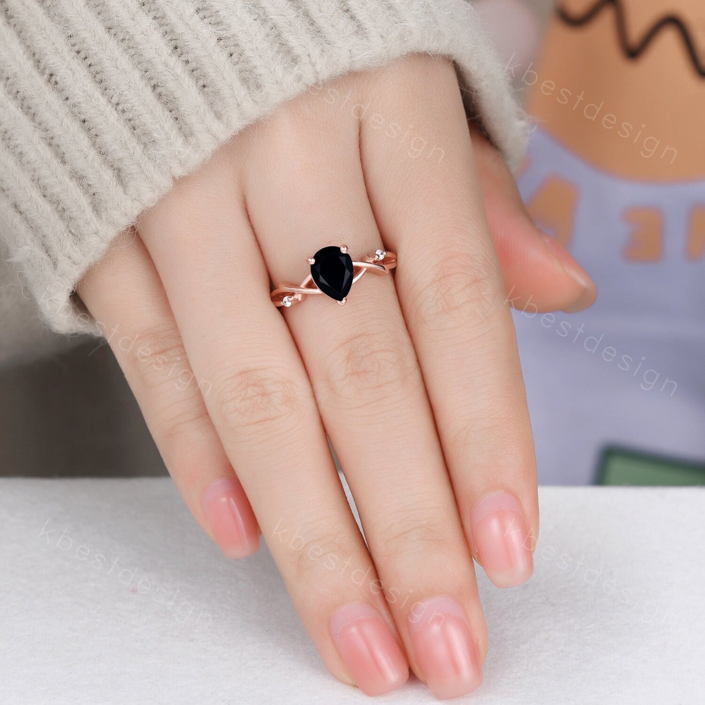 Twig Pear shaped black onyx ring silver vintage nature inspired unique black gemstone engagement ring antique bridal wedding ring for women
