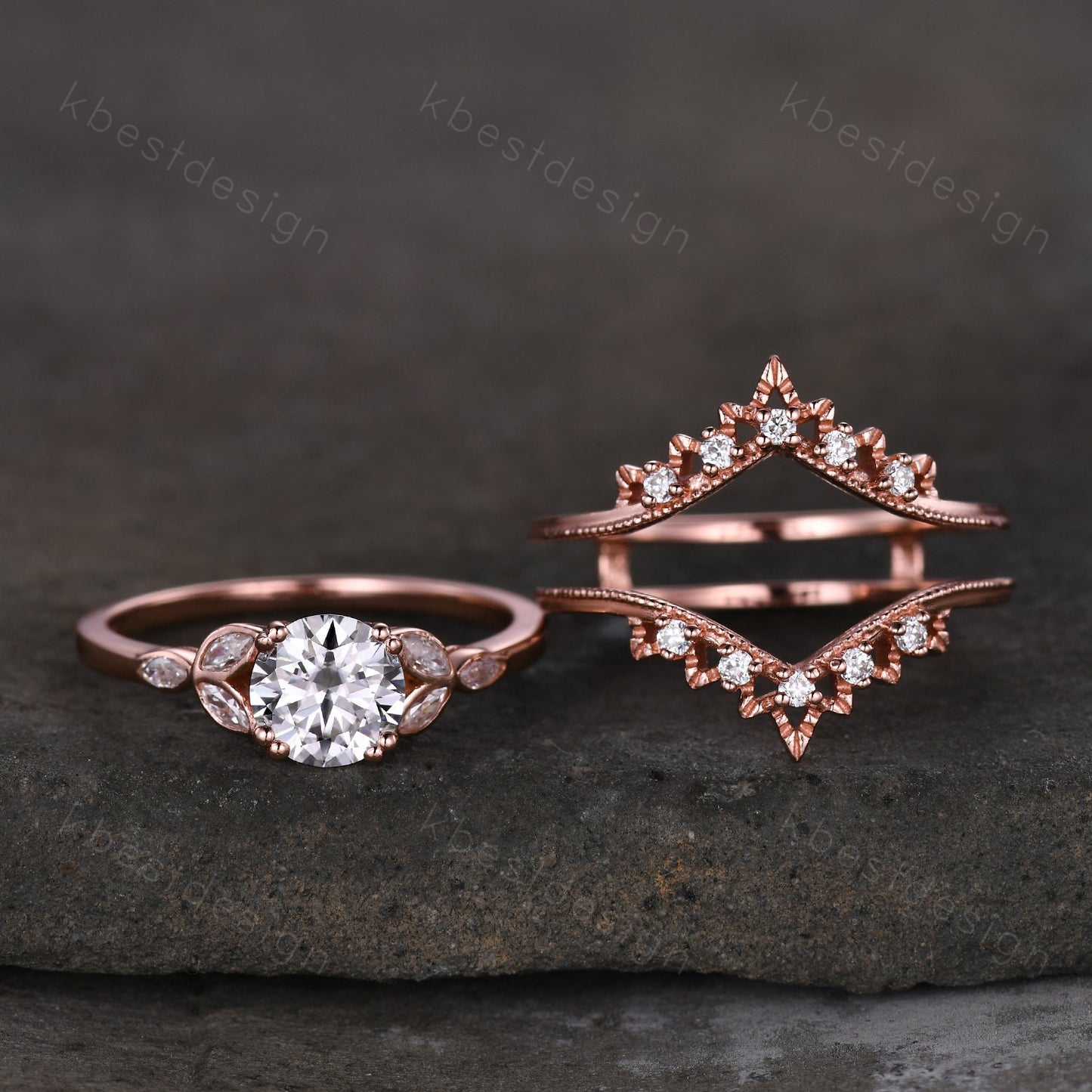 Vintage Moissanite Engagement Ring Set Rose Gold Wedding Ring Set Art Deco Double Curved Moissanite Stacking Band Unique Bridal Promise Ring