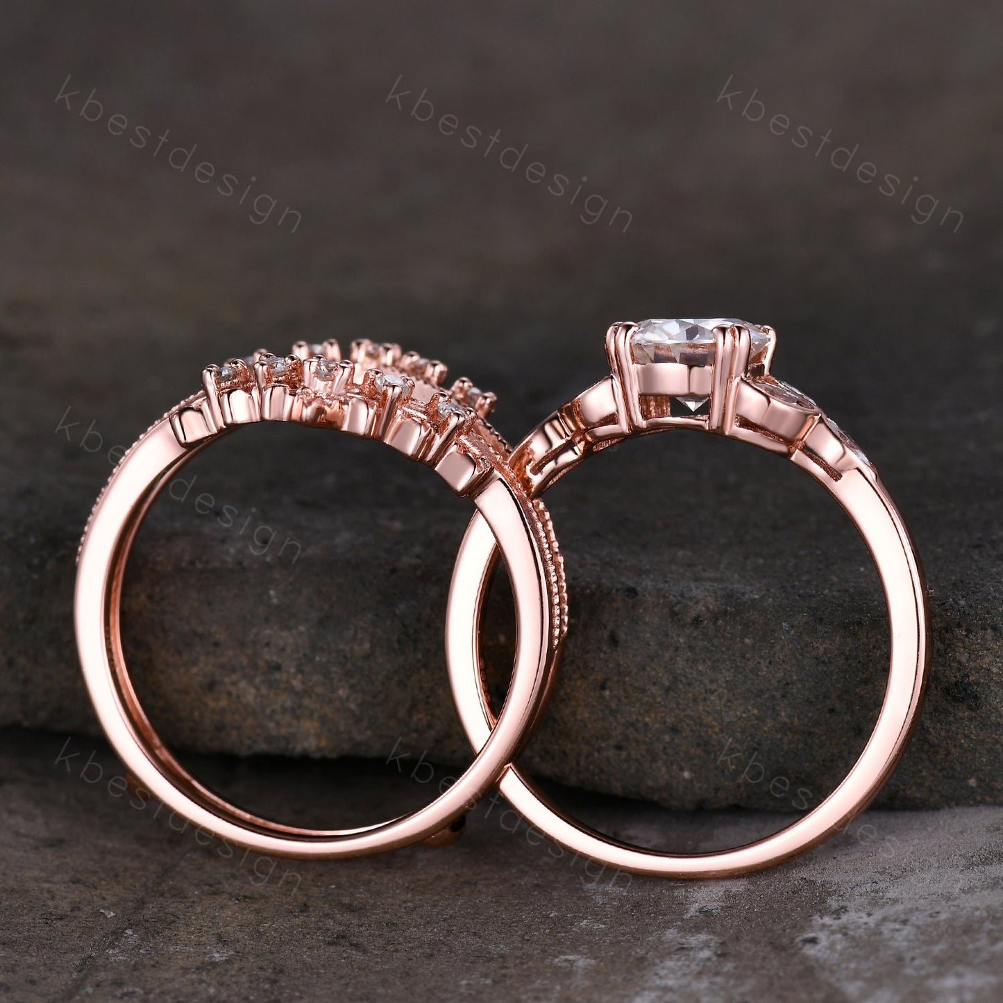 Vintage Moissanite Engagement Ring Set Rose Gold Wedding Ring Set Art Deco Double Curved Moissanite Stacking Band Unique Bridal Promise Ring