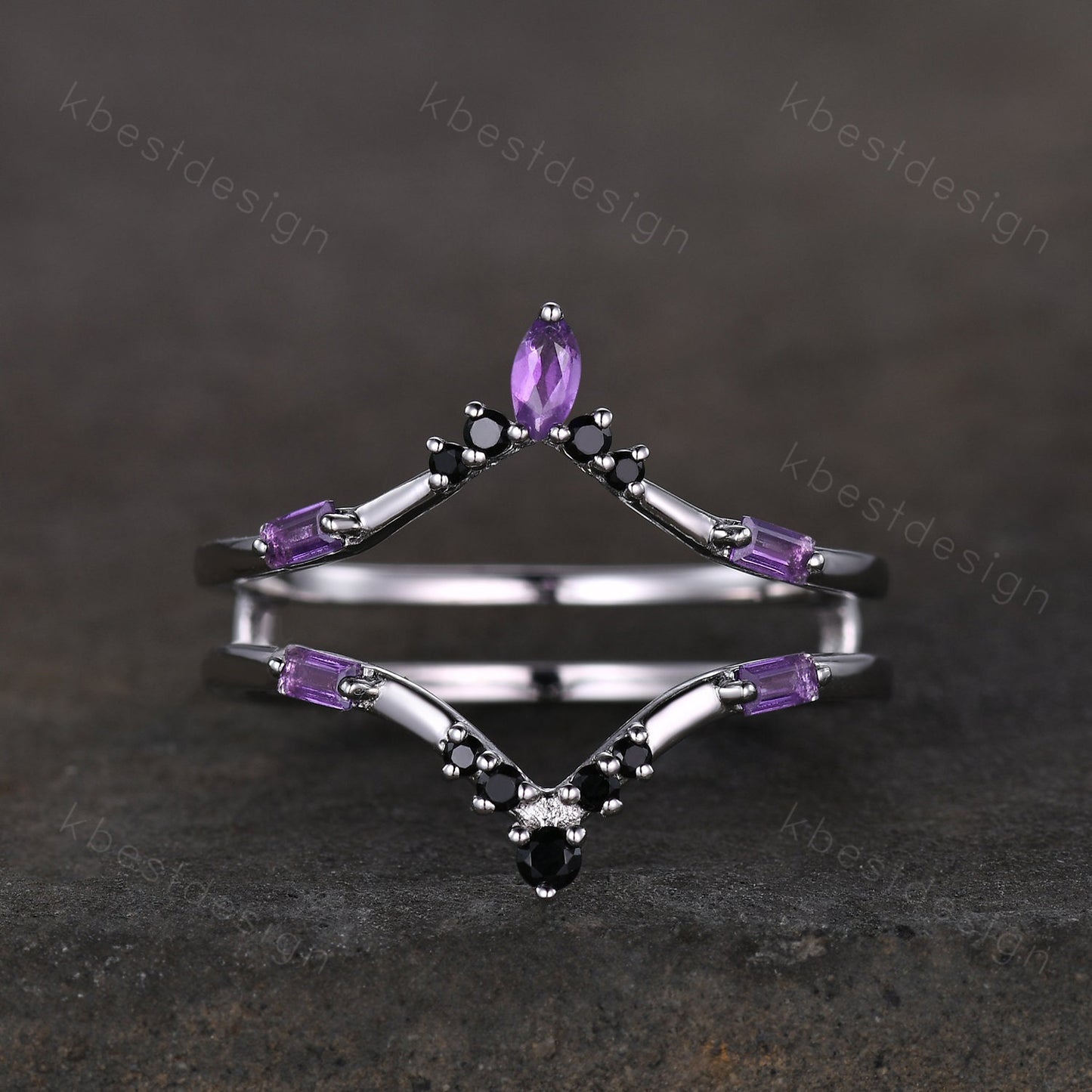 Amethyst curved wedding band baguette Amethyst double curved band Unique black spinel stacking matching band Bridal Anniversary ring