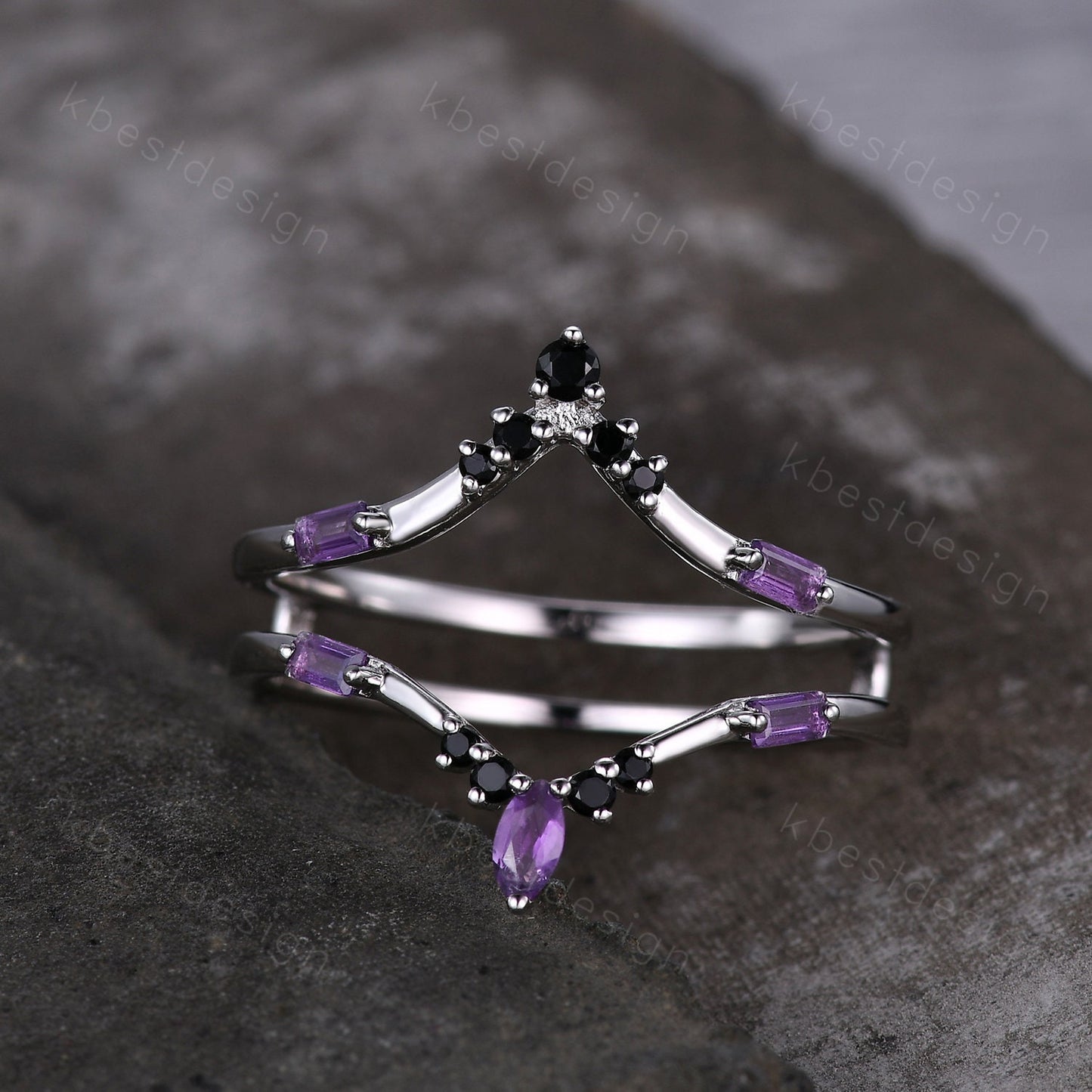 Amethyst curved wedding band baguette Amethyst double curved band Unique black spinel stacking matching band Bridal Anniversary ring