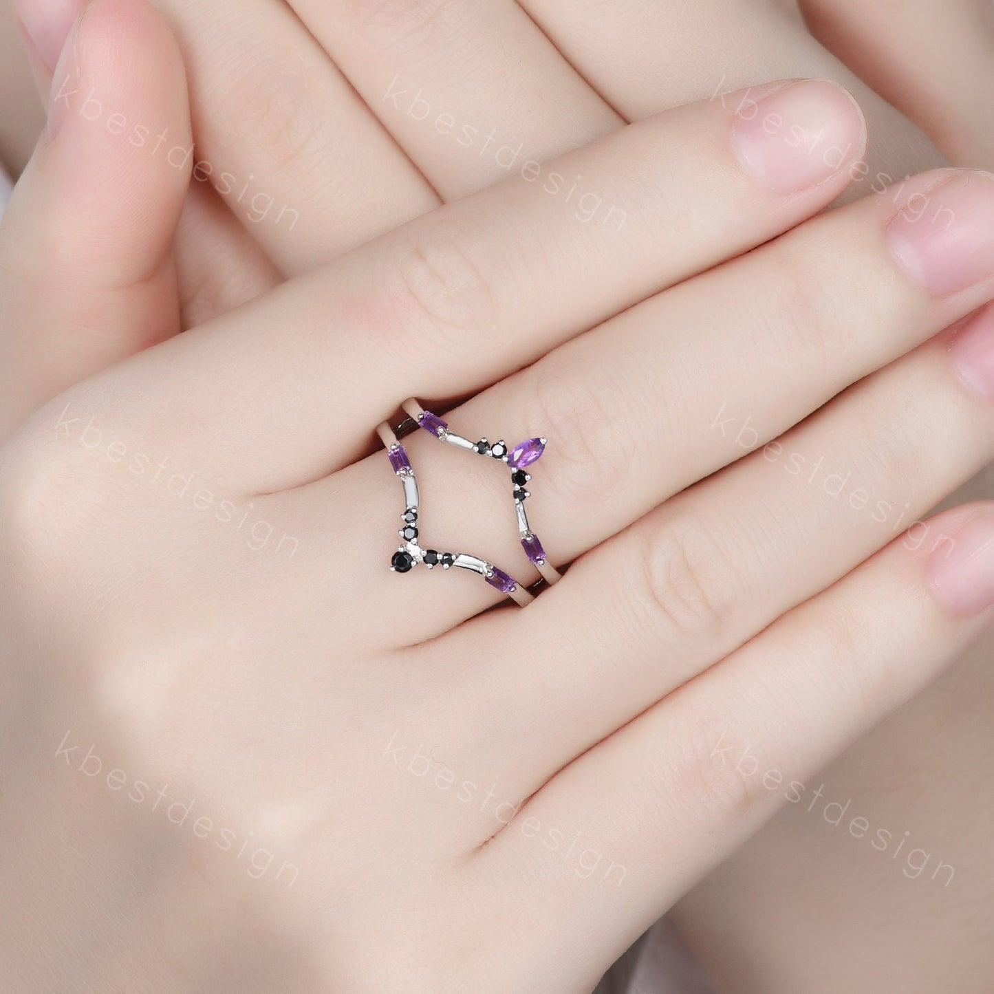 Amethyst curved wedding band baguette Amethyst double curved band Unique black spinel stacking matching band Bridal Anniversary ring