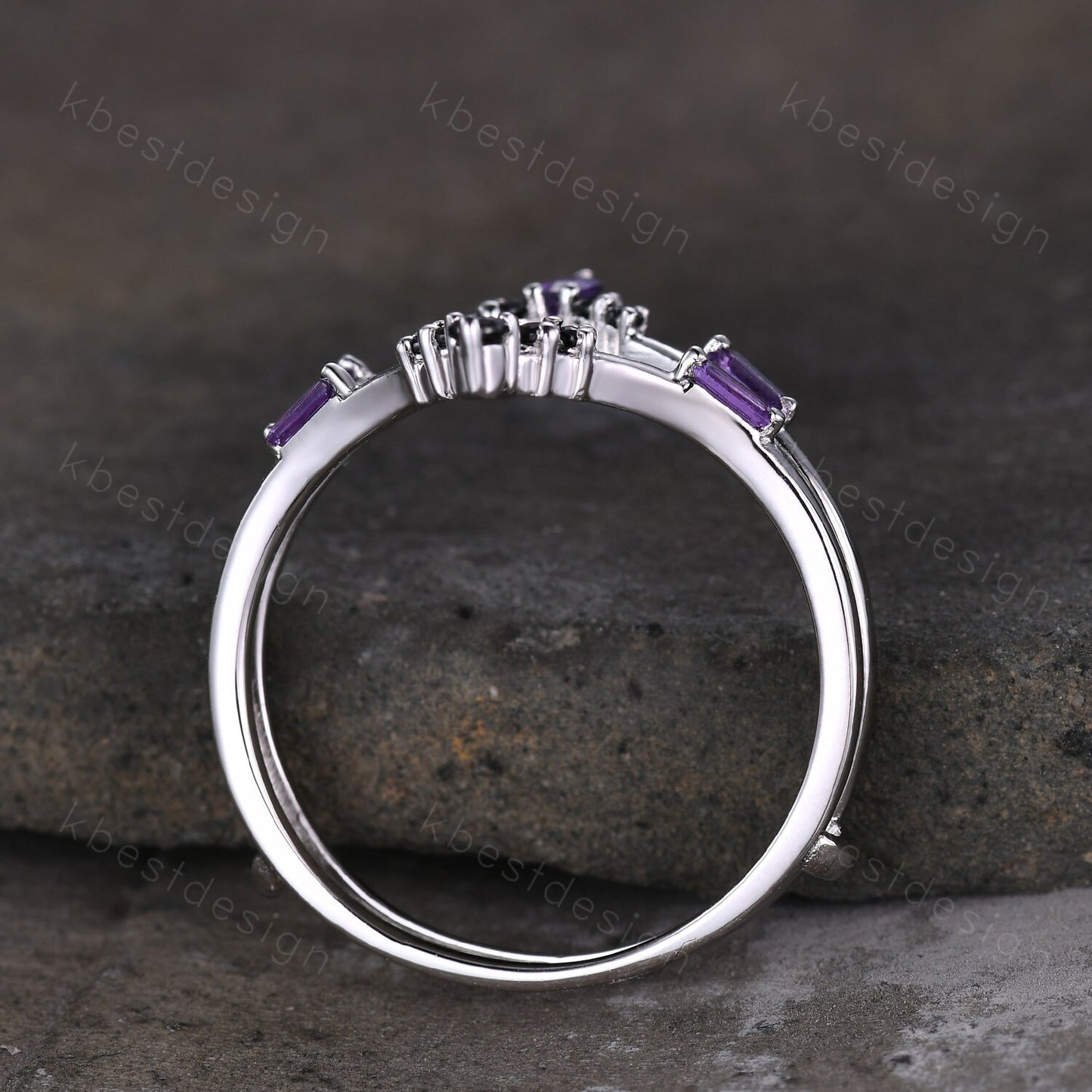 Amethyst curved wedding band baguette Amethyst double curved band Unique black spinel stacking matching band Bridal Anniversary ring