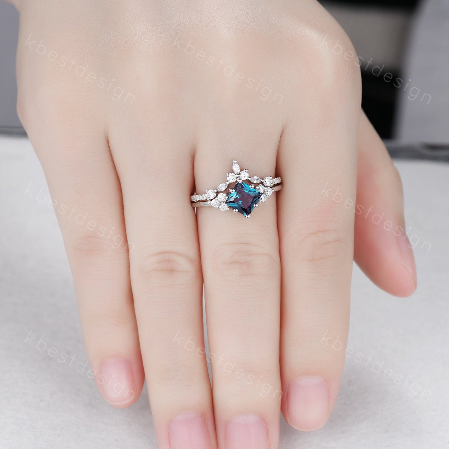 Vintage Alexandrite engagement ring set princess cut ring art deco moissanite cluster ring unique bridal wedding ring set anniversary gift