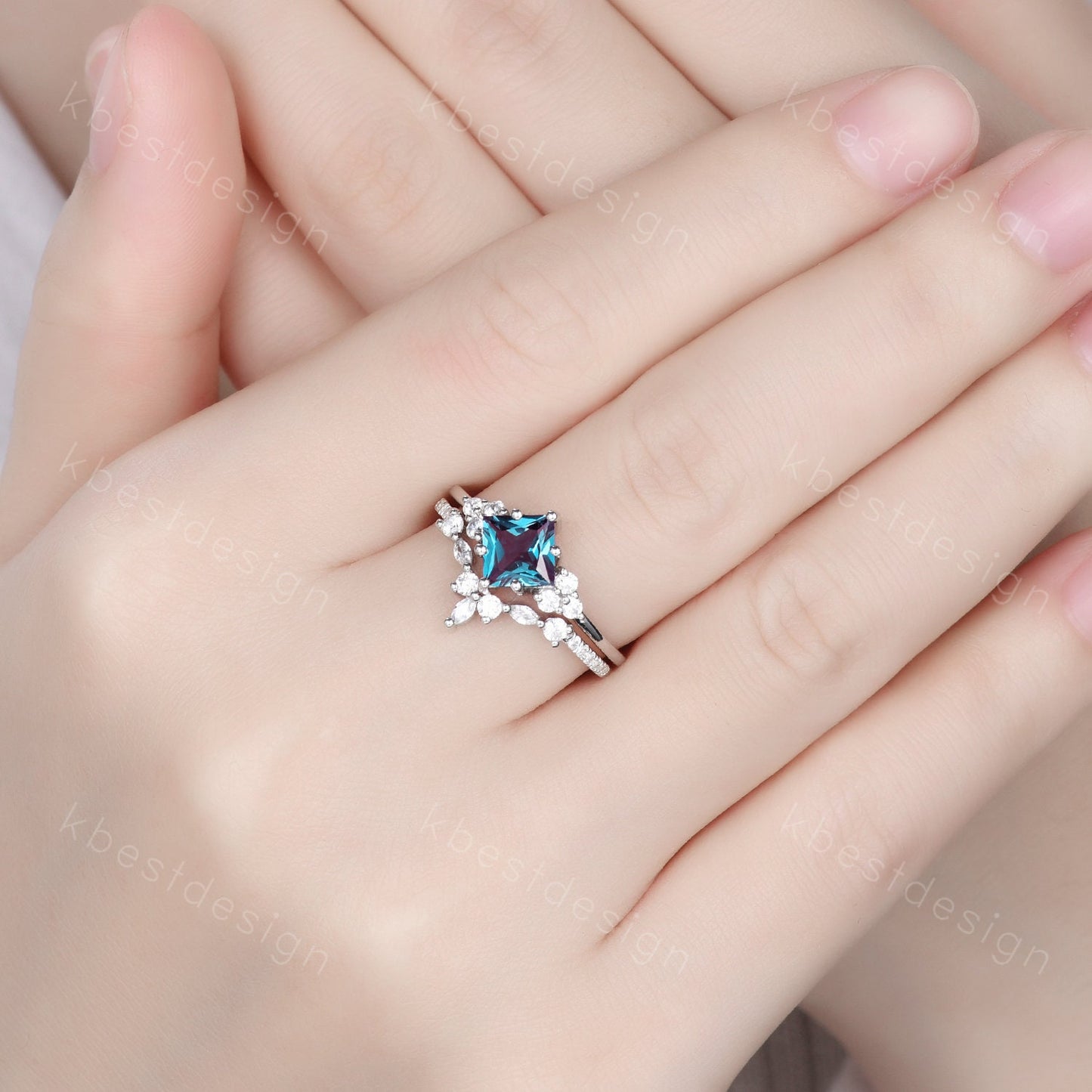 Vintage Alexandrite engagement ring set princess cut ring art deco moissanite cluster ring unique bridal wedding ring set anniversary gift