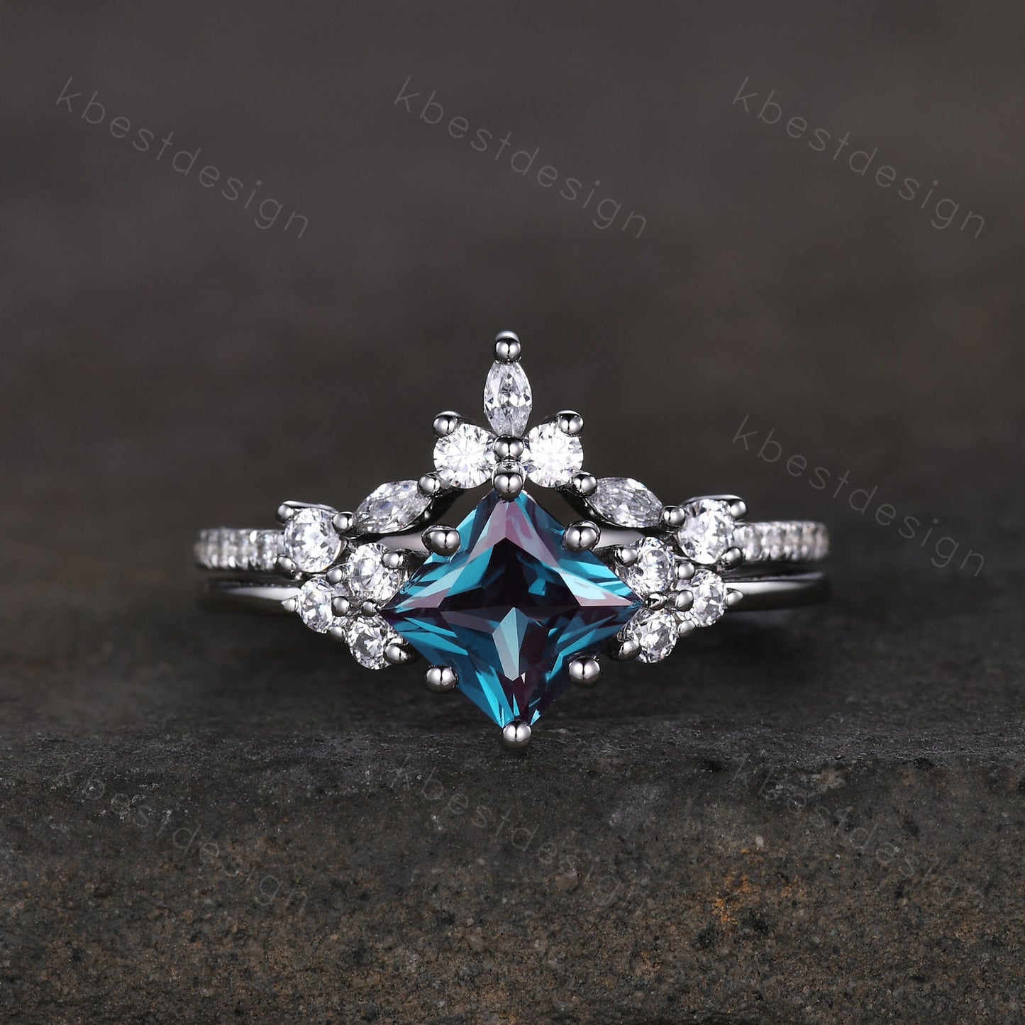 Vintage Alexandrite engagement ring set princess cut ring art deco moissanite cluster ring unique bridal wedding ring set anniversary gift