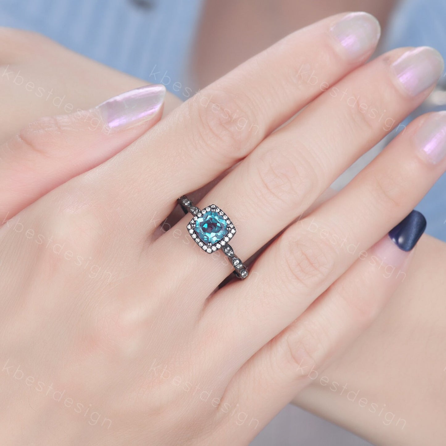 Unique cushion cut Alexandrite engagement ring art deco black gold ring color change Alexandrite ring moissanite anniversary ring for her
