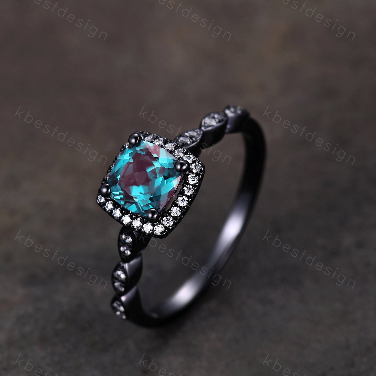 Unique cushion cut Alexandrite engagement ring art deco black gold ring color change Alexandrite ring moissanite anniversary ring for her