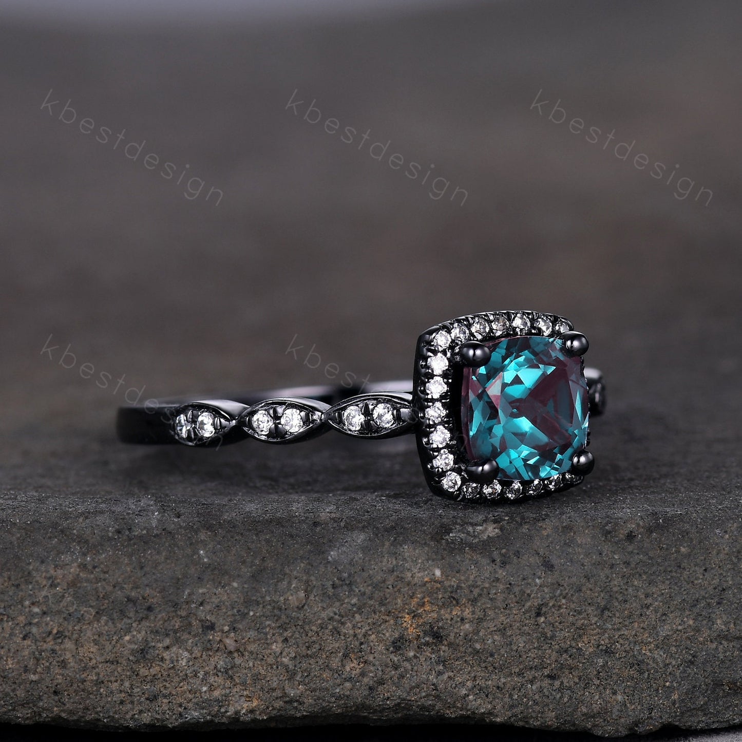 Unique cushion cut Alexandrite engagement ring art deco black gold ring color change Alexandrite ring moissanite anniversary ring for her