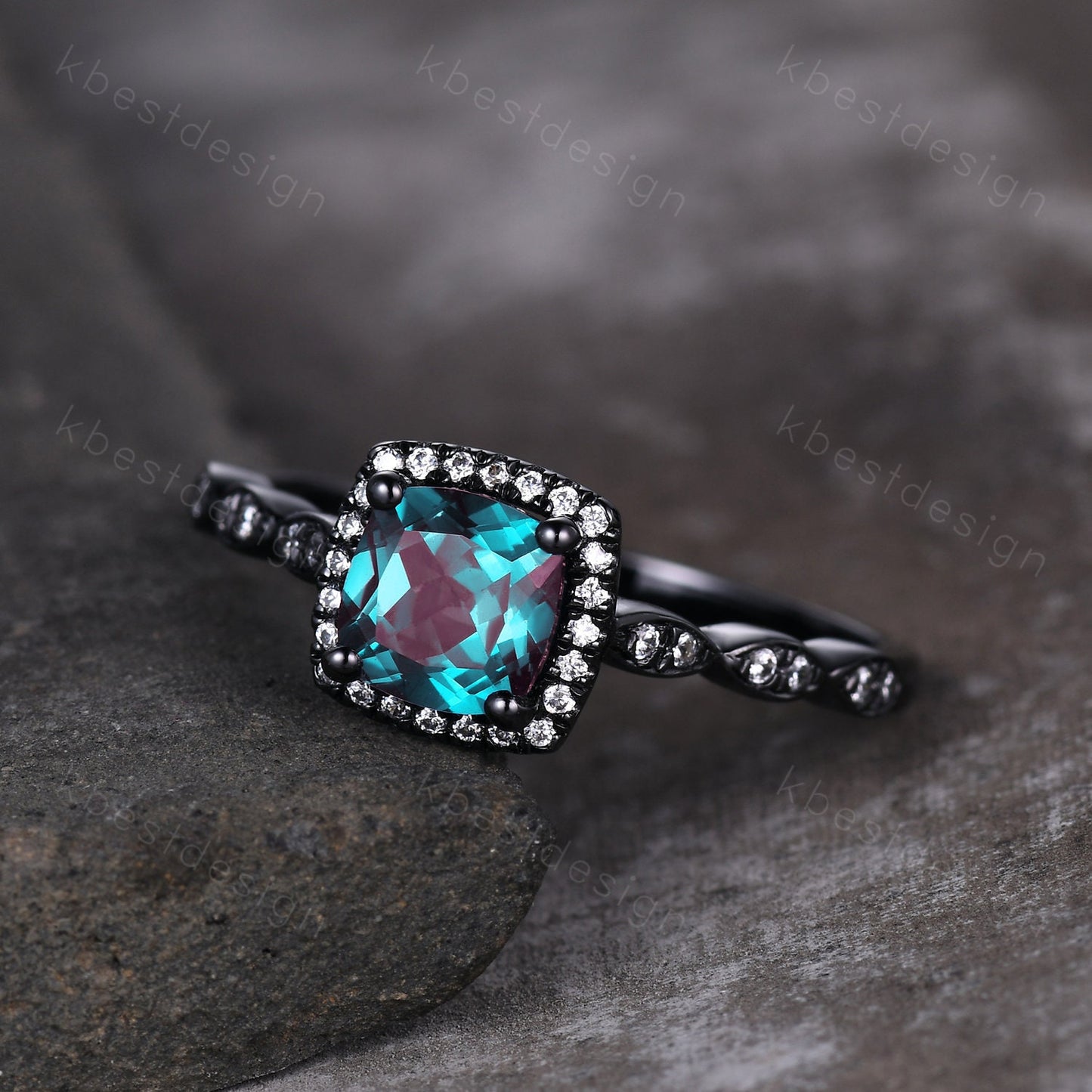 Unique cushion cut Alexandrite engagement ring art deco black gold ring color change Alexandrite ring moissanite anniversary ring for her