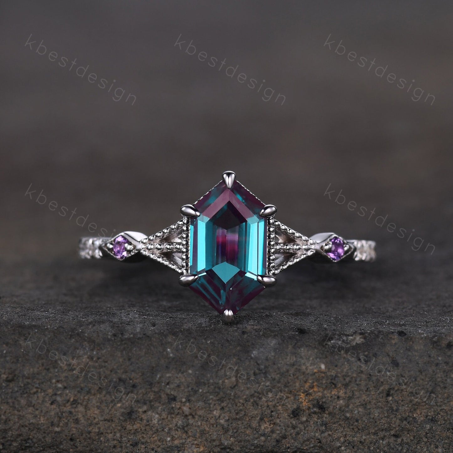 Antique Hexagon cut Alexandrite engagement ring 14k white gold amethyst ring vintage unique moissanite bridal wedding ring June birthstone